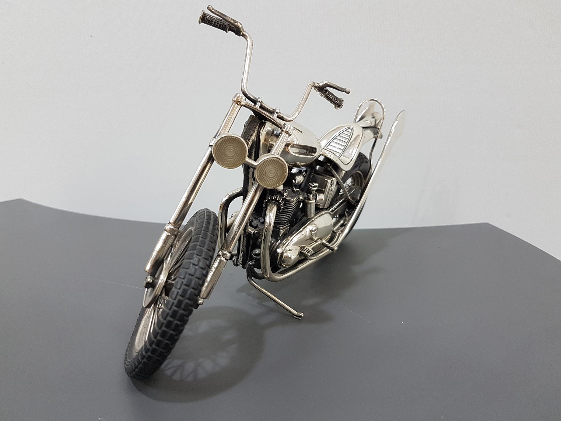 Hand-Crafted 20th Century Italian Sterling Silver Miniature Triumph Motorbike Rubber Tires For Sale