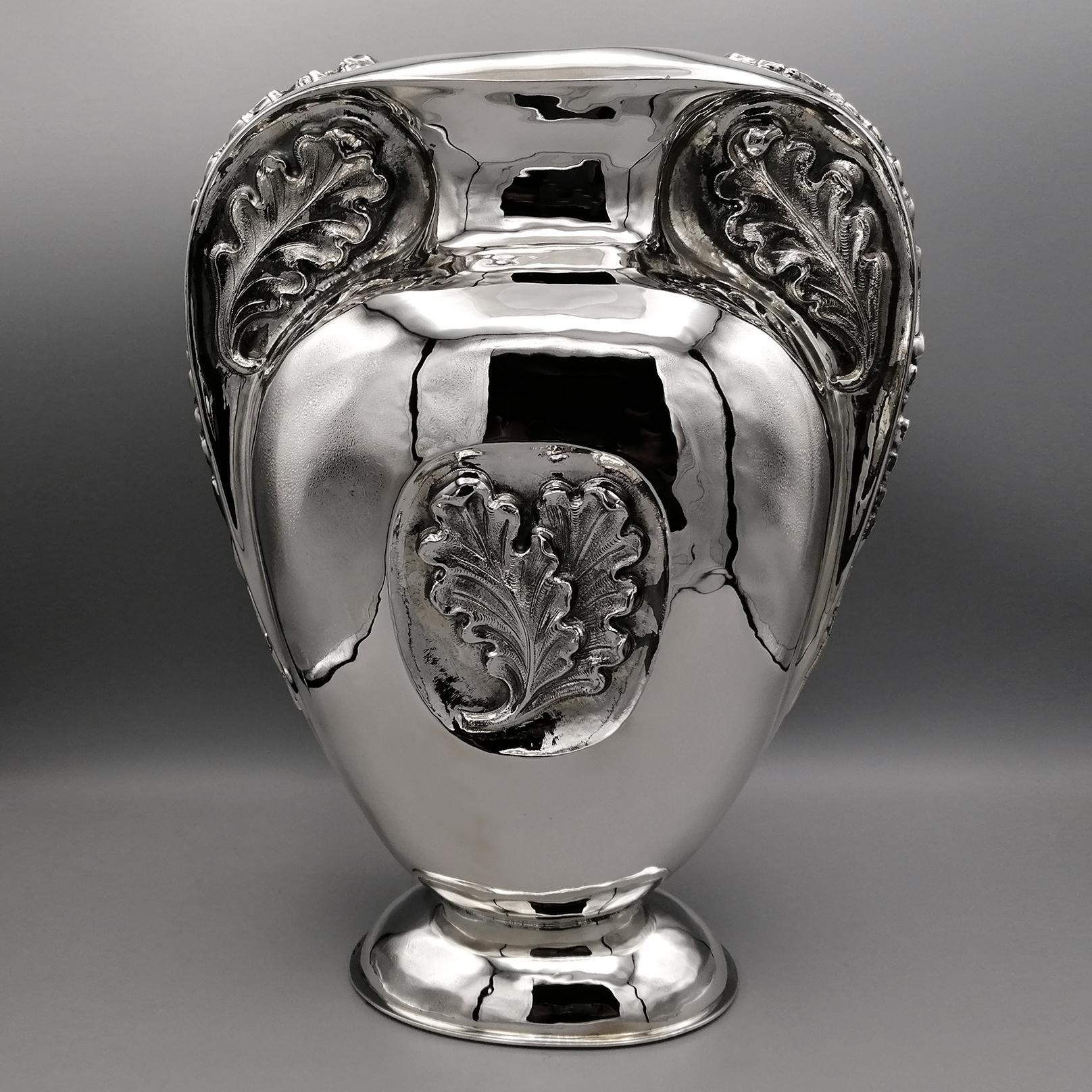 20th Century Italian Sterling Silver Oval Vase Oak leaves For Sale 13