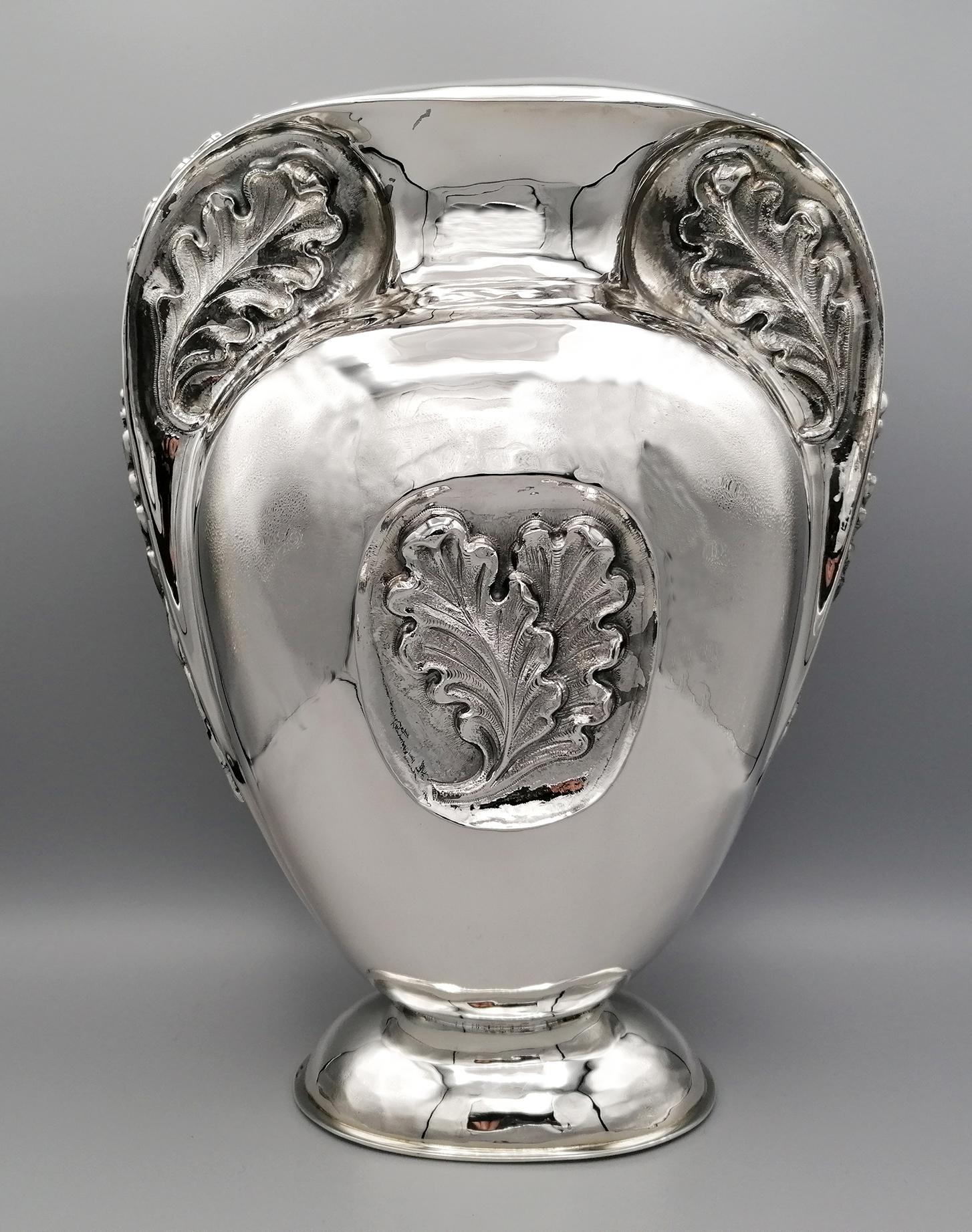Embossed 20th Century Italian Sterling Silver Oval Vase Oak leaves For Sale