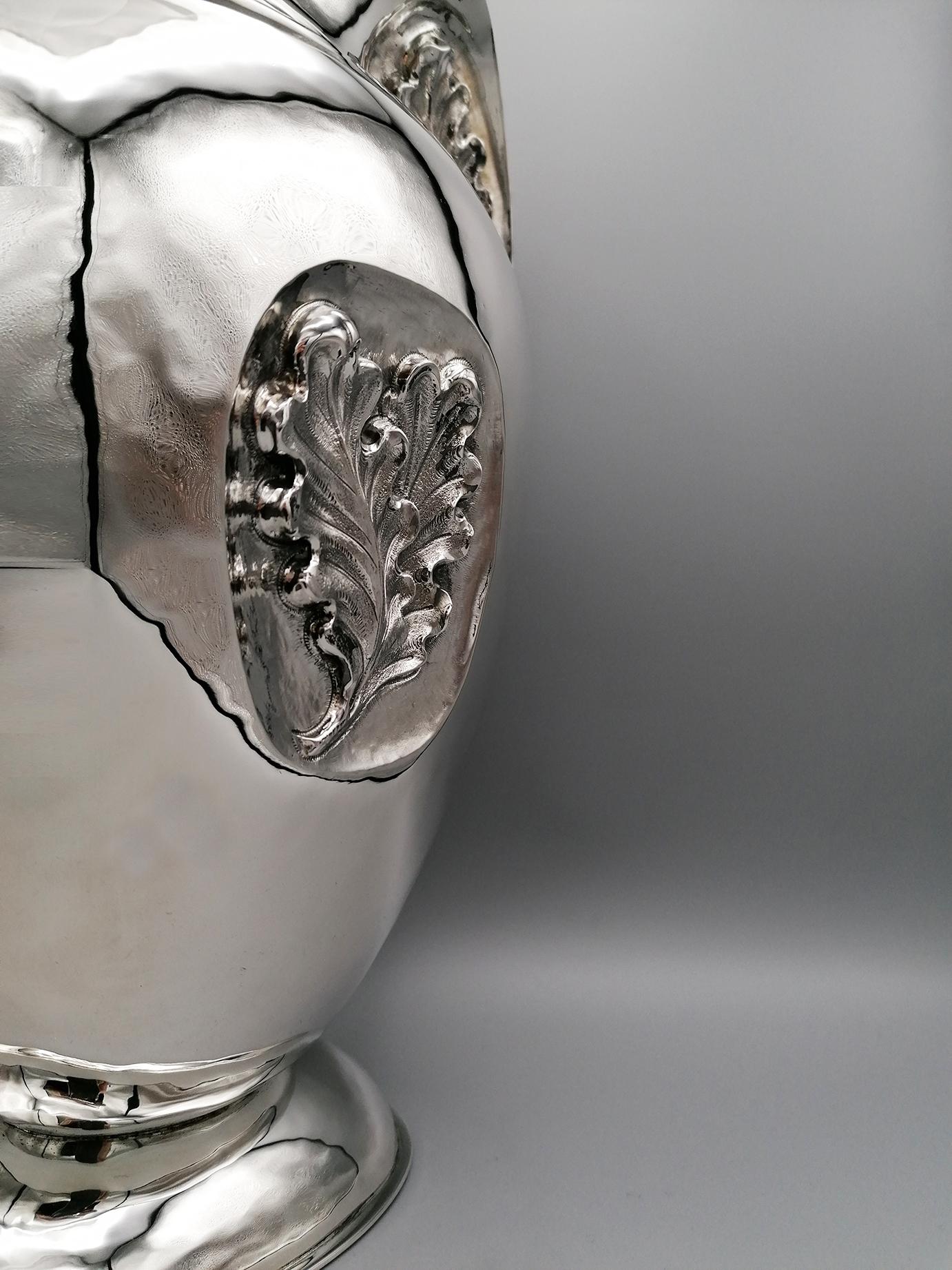 20th Century Italian Sterling Silver Oval Vase Oak leaves For Sale 4