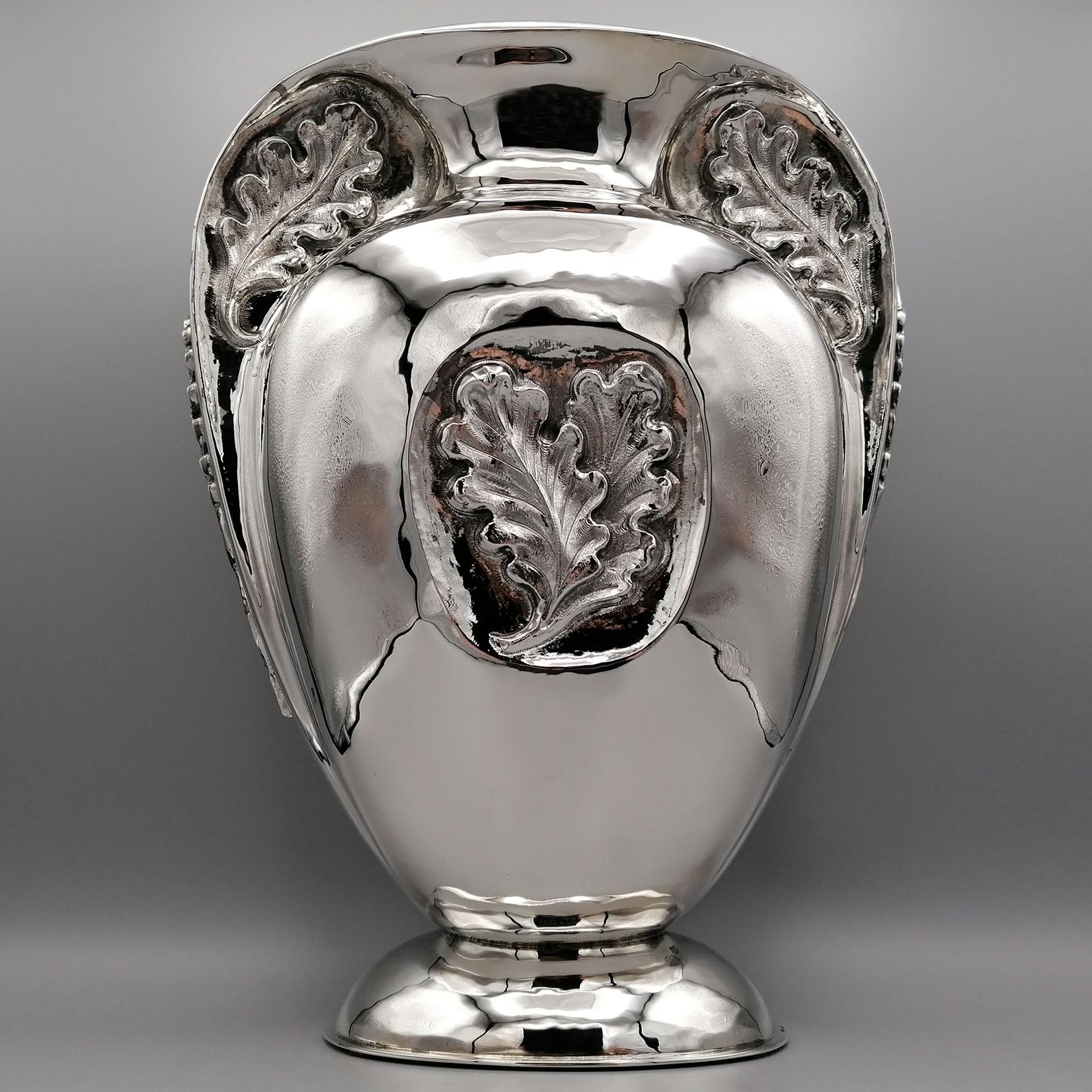 Contemporary 20th Century Italian Sterling Silver Oval Vase Oak leaves For Sale