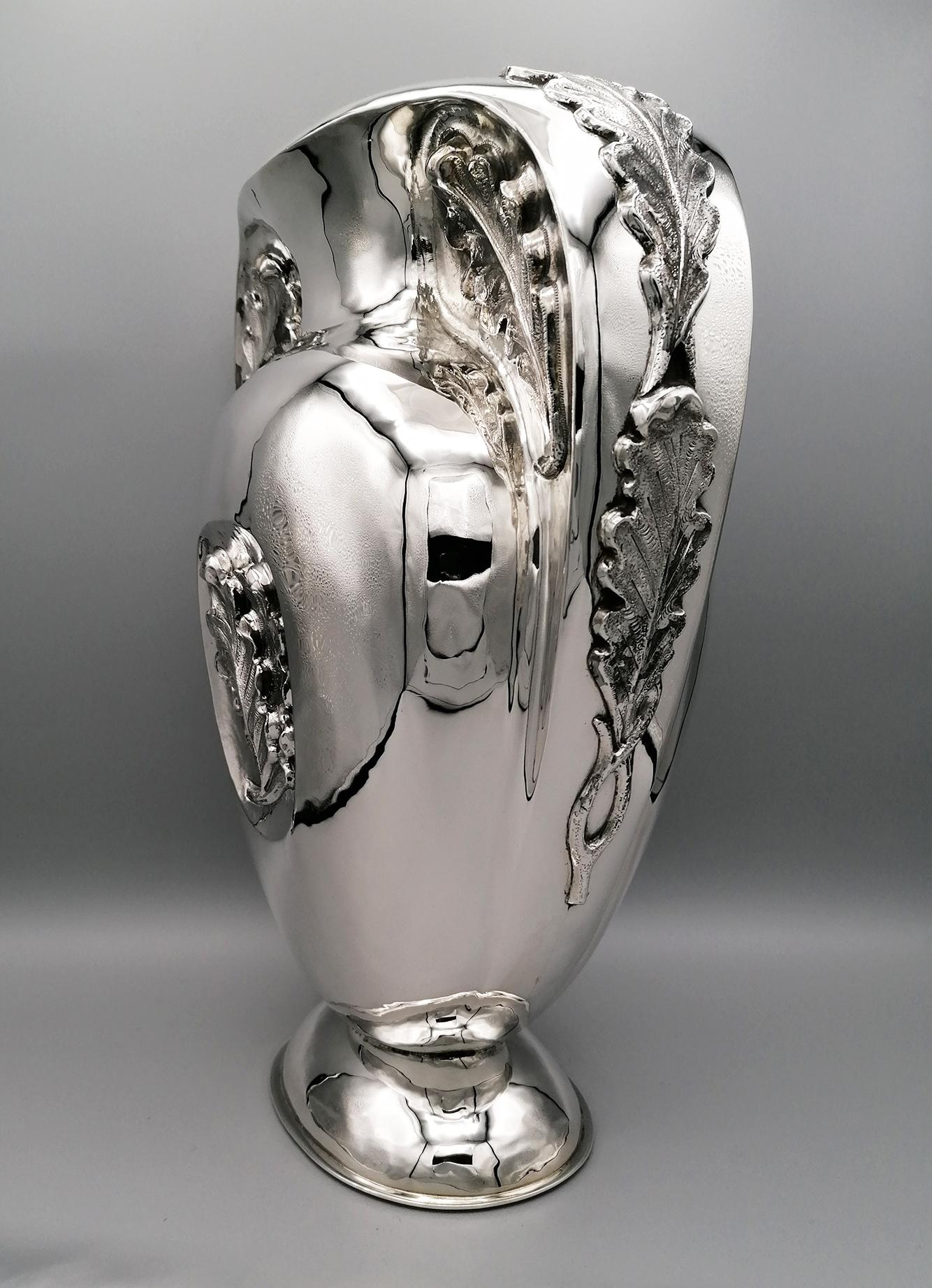 20th Century Italian Sterling Silver Oval Vase Oak leaves For Sale 5