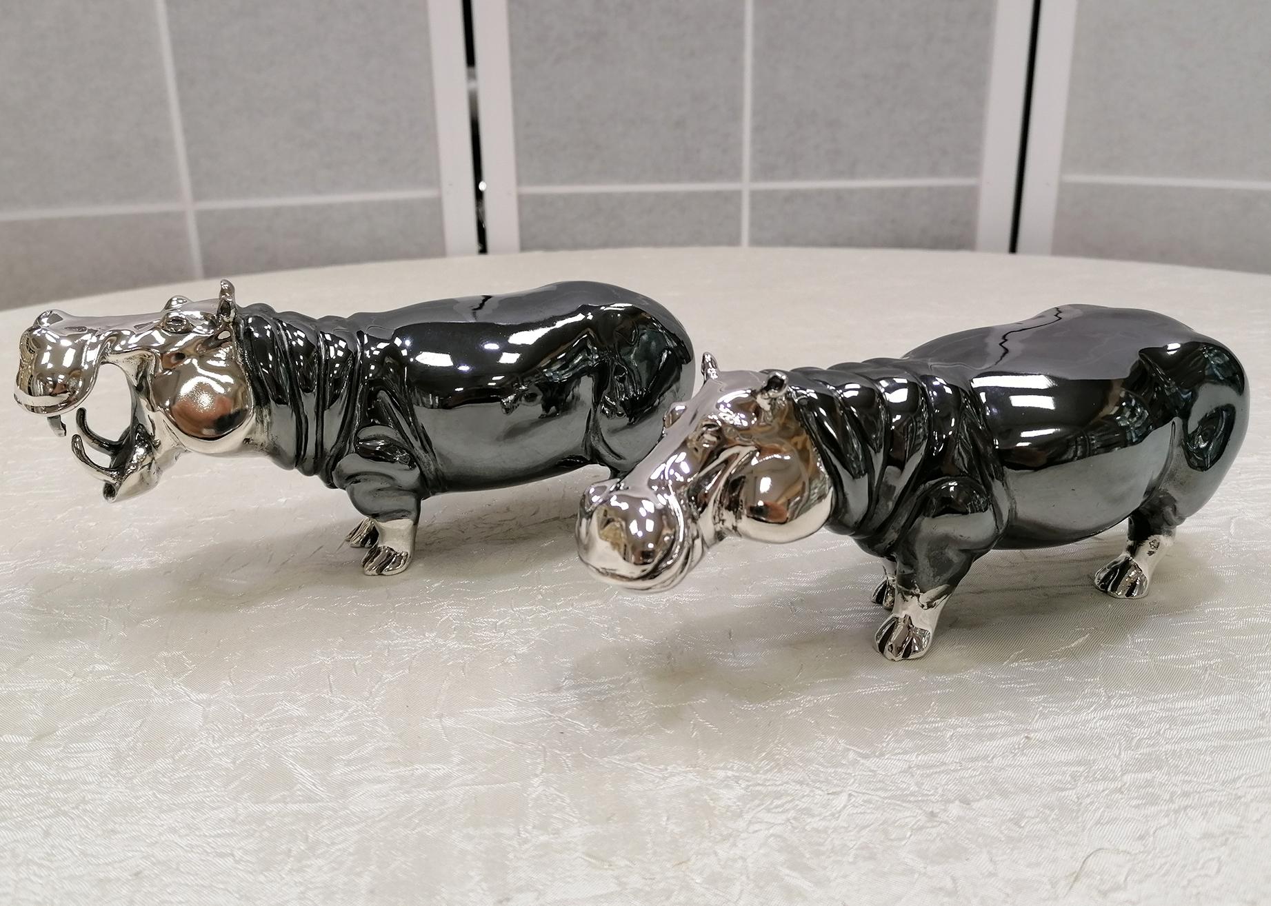20th Century Italian Sterling Silver Pair of Shiny and Burnished Hippos 5