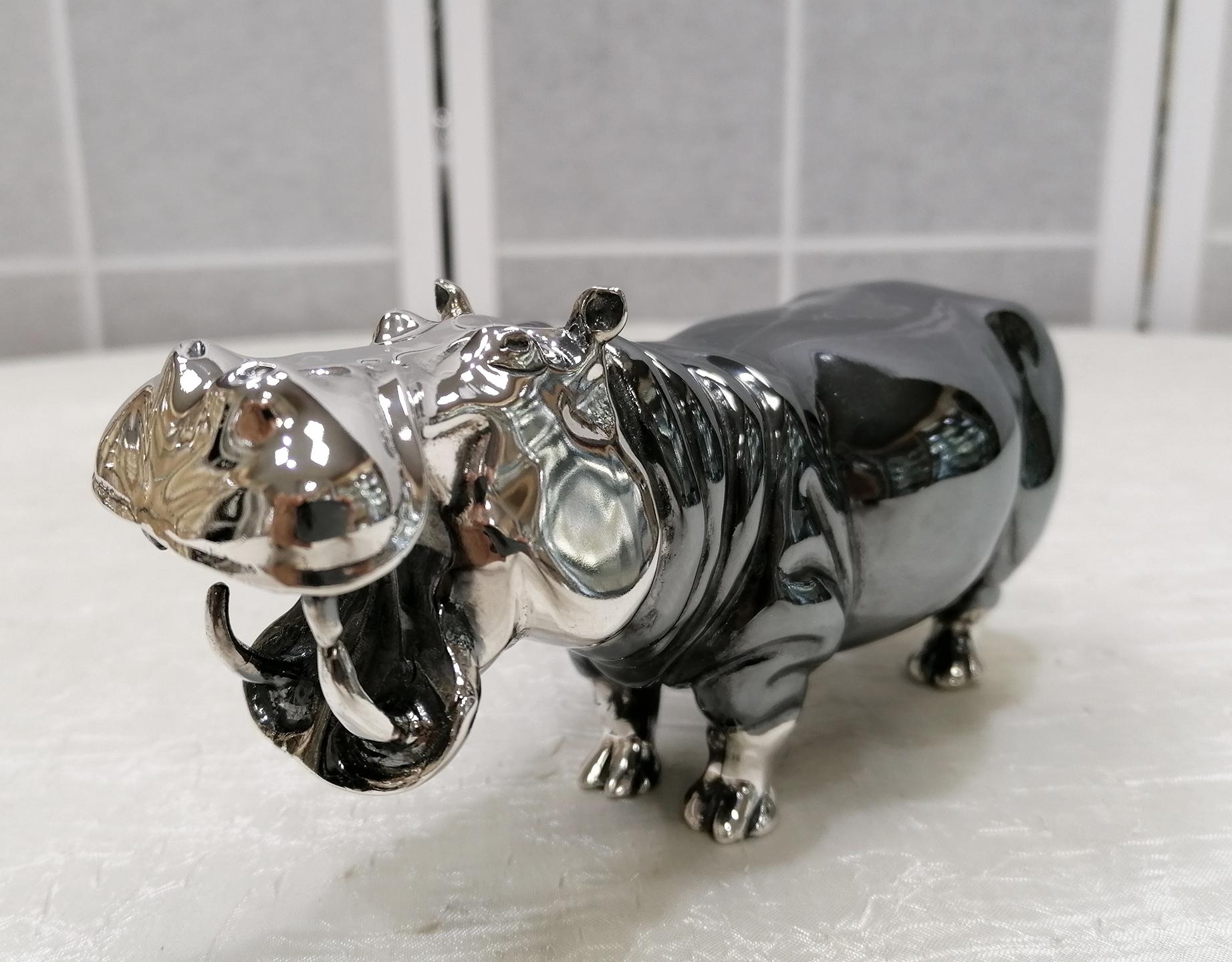 Other 20th Century Italian Sterling Silver Pair of Shiny and Burnished Hippos