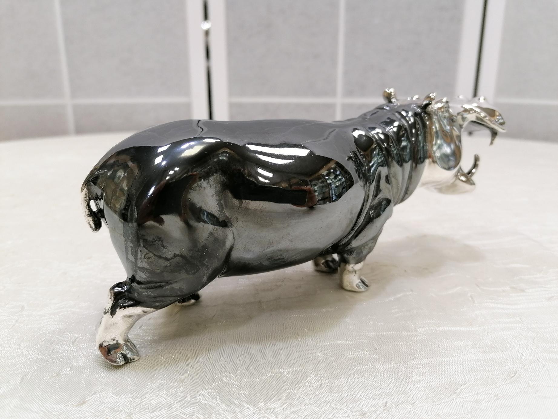 20th Century Italian Sterling Silver Pair of Shiny and Burnished Hippos In Excellent Condition In VALENZA, IT