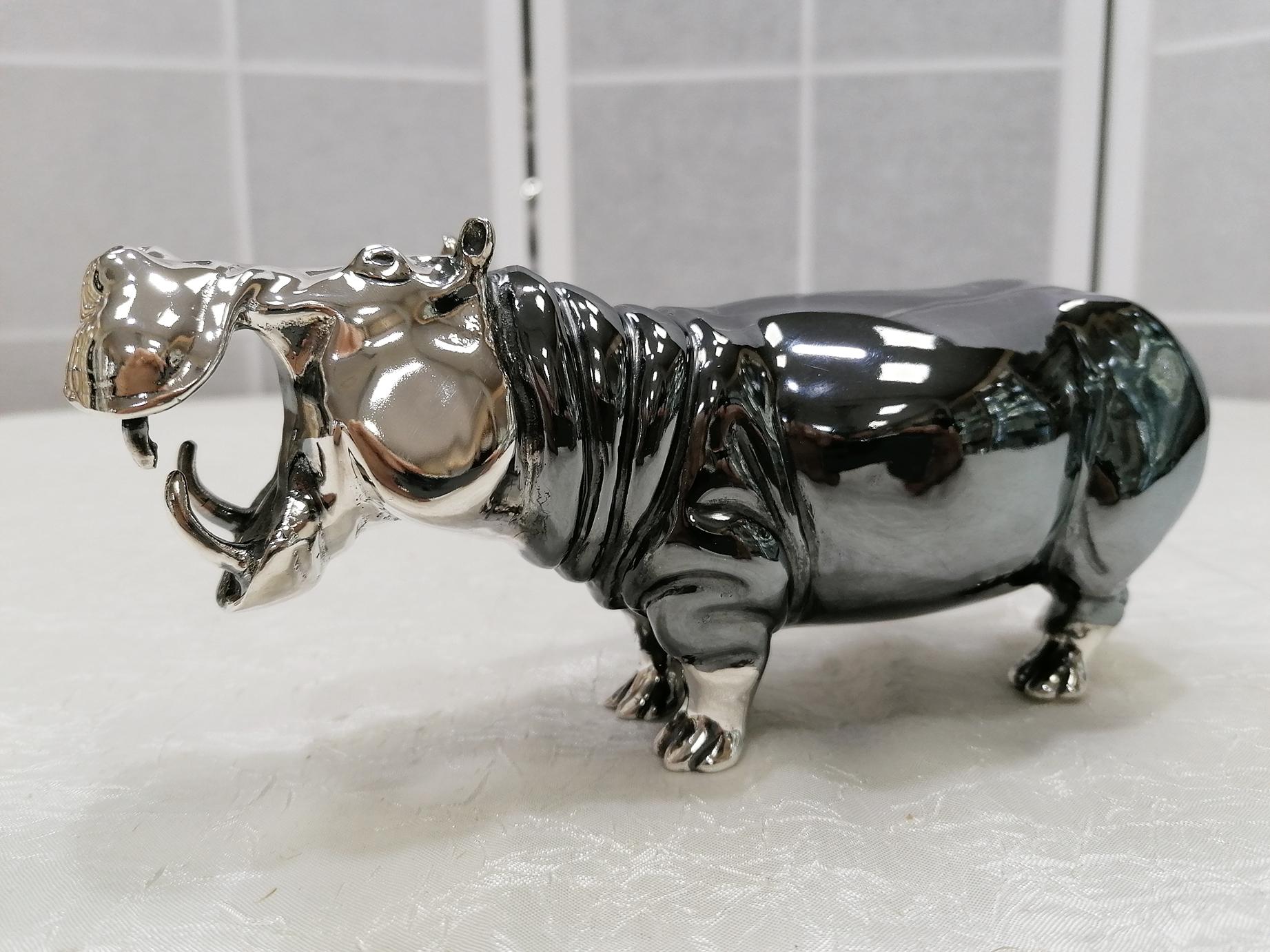 20th Century Italian Sterling Silver Pair of Shiny and Burnished Hippos 1