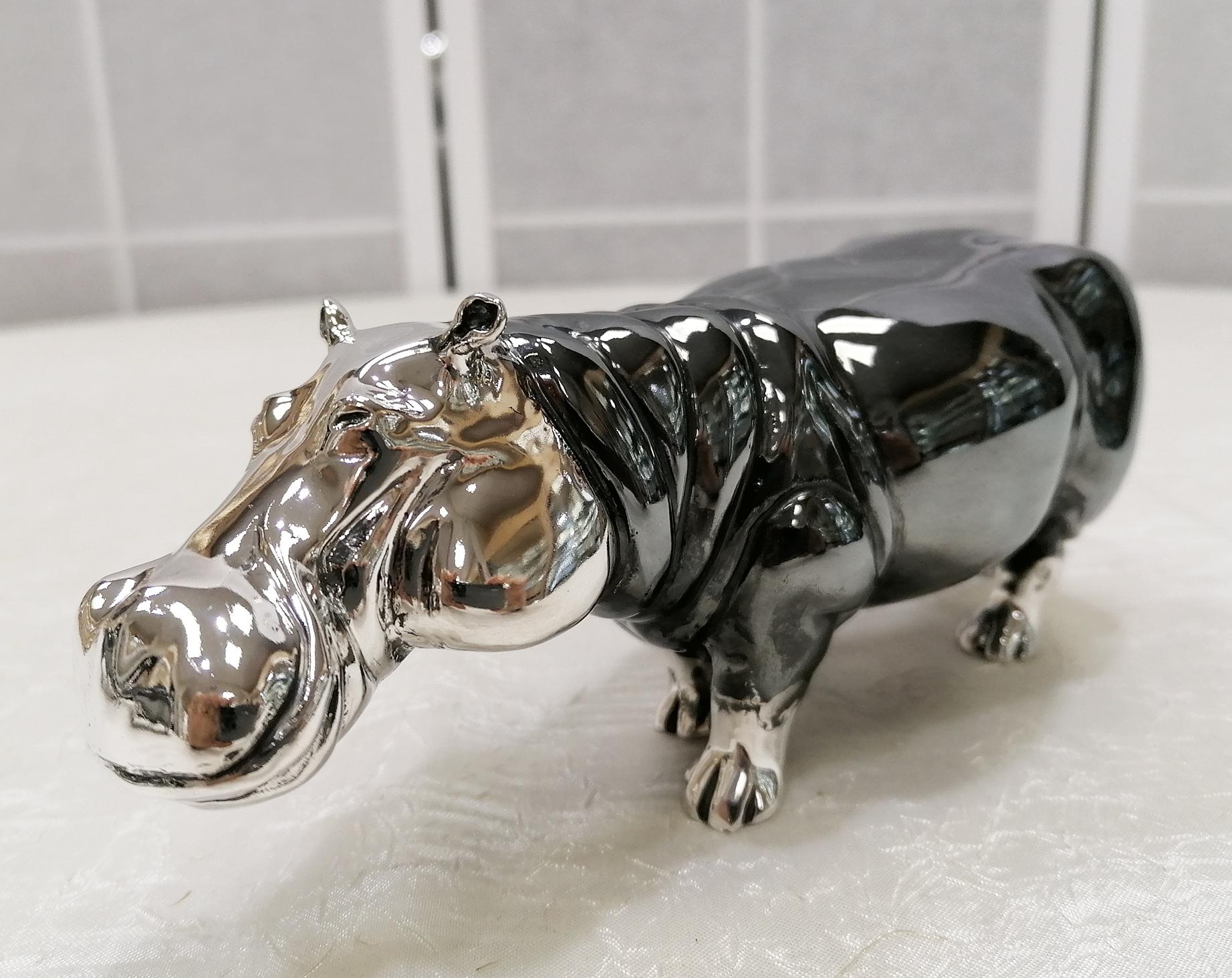 20th Century Italian Sterling Silver Pair of Shiny and Burnished Hippos 2
