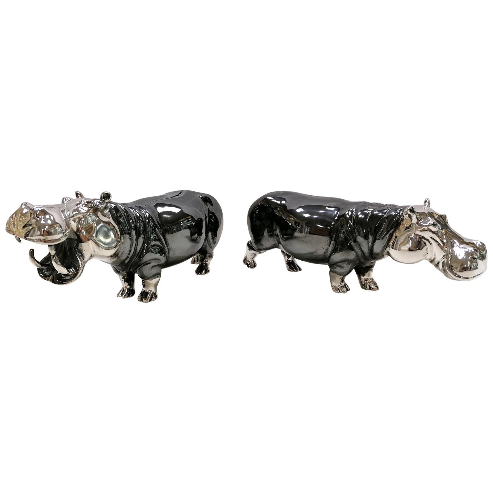 20th Century Italian Sterling Silver Pair of Shiny and Burnished Hippos