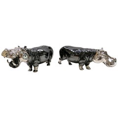 20th Century Italian Sterling Silver Pair of Shiny and Burnished Hippos
