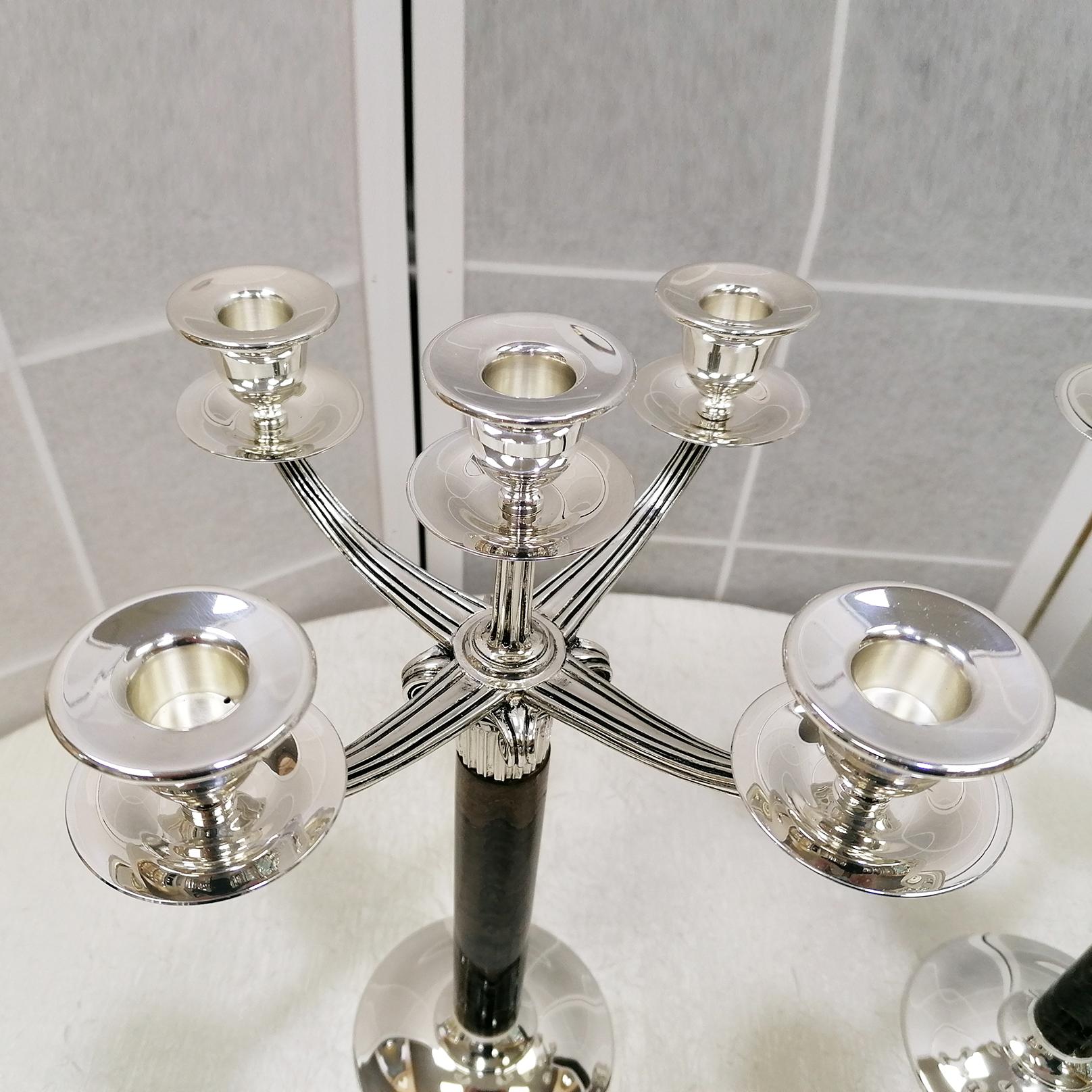 Hand-Crafted 20th Century Italian Sterling Silver Pair Candelabras Neoclassical Style For Sale