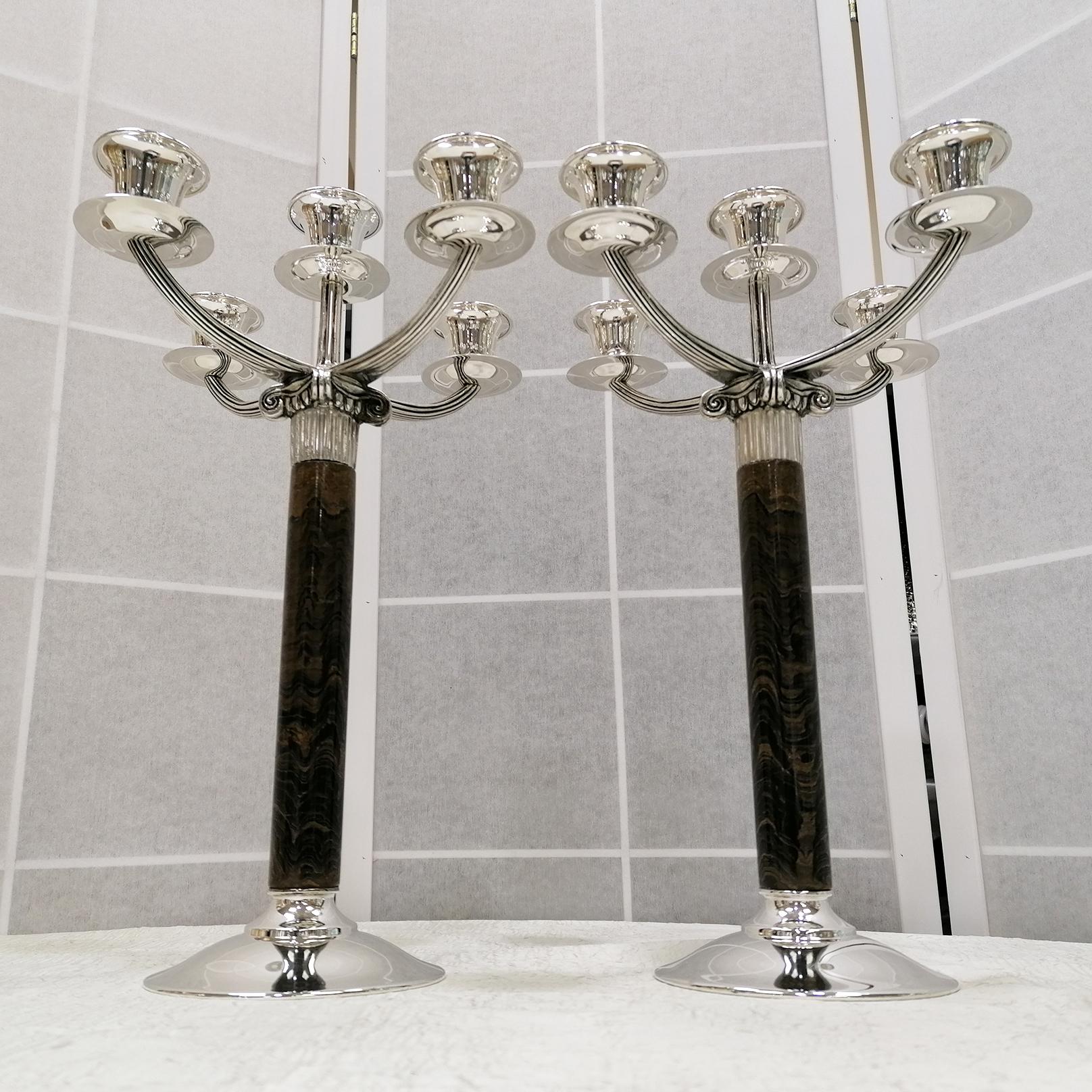 20th Century Italian Sterling Silver Pair Candelabras Neoclassical Style In Excellent Condition For Sale In VALENZA, IT