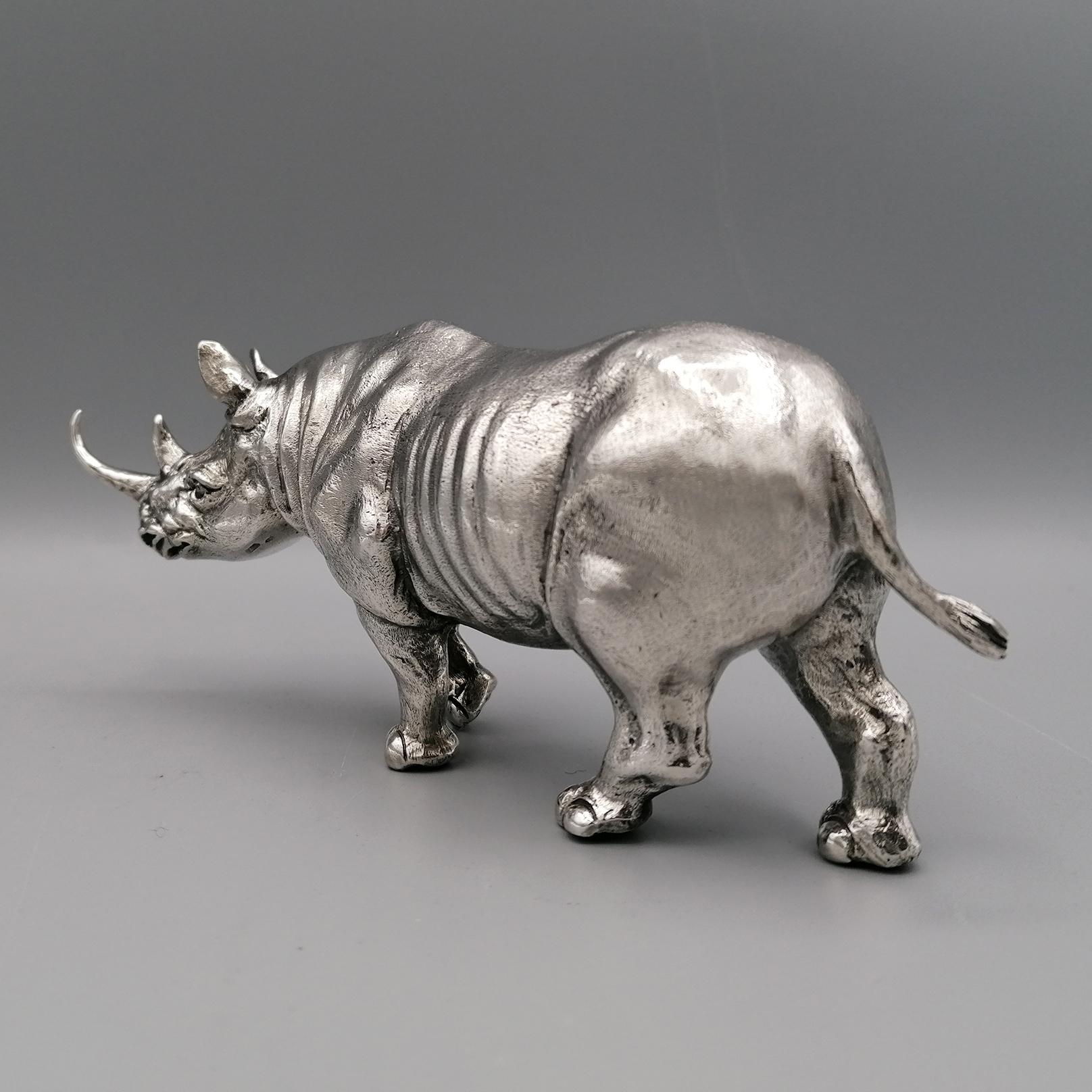 Cast 21st Century Italian Sterling Silver Rhinoceros Sculpture