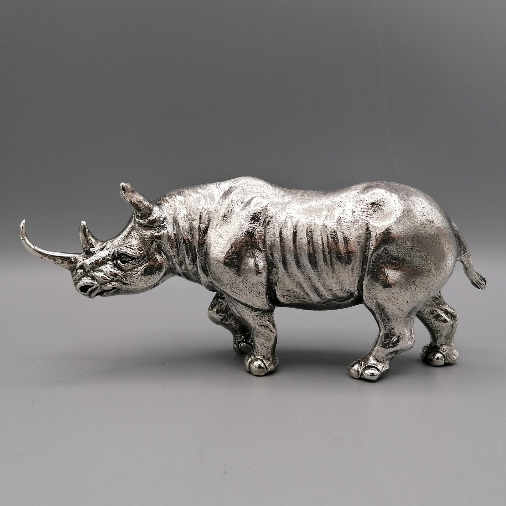 21st Century Italian Sterling Silver Rhinoceros Sculpture In New Condition In VALENZA, IT