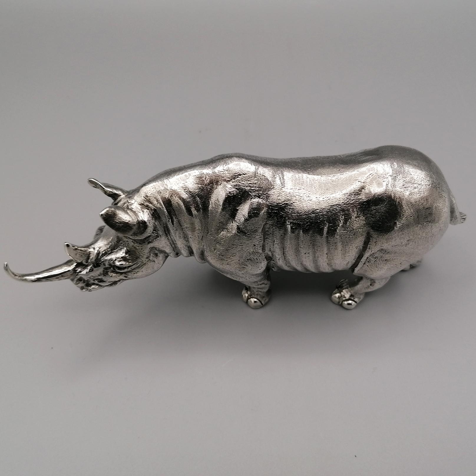 Contemporary 21st Century Italian Sterling Silver Rhinoceros Sculpture