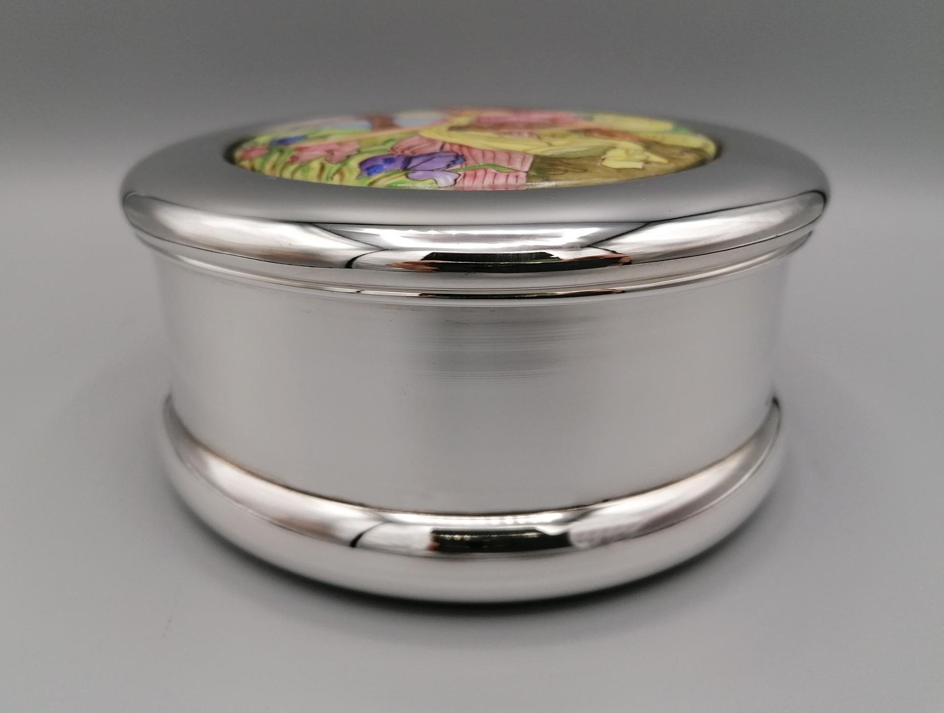 Other 20th Century Italian Sterling Silver Round Box with Painted Porcelain For Sale