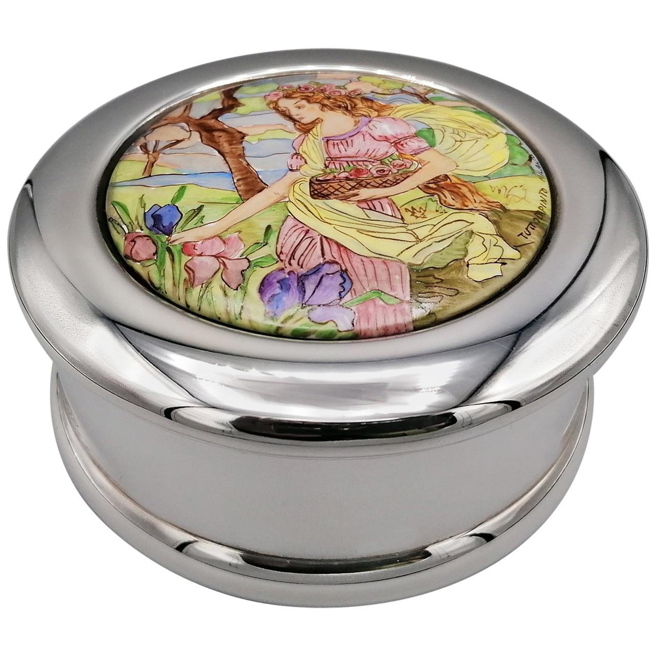 Boîte ronde italienne du 20ème siècle en argent sterling avec porcelaine peinte