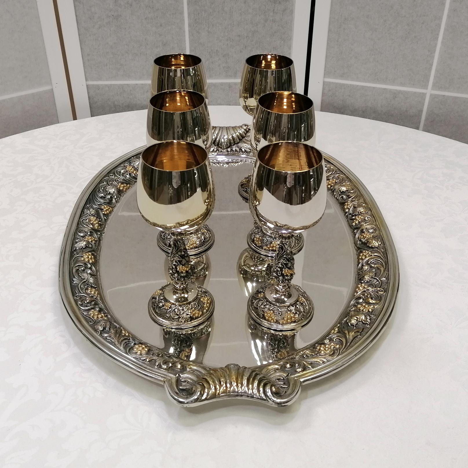 20th Century Italian Sterling Silver Six Beakers with Silver 800 Tray For Sale 11