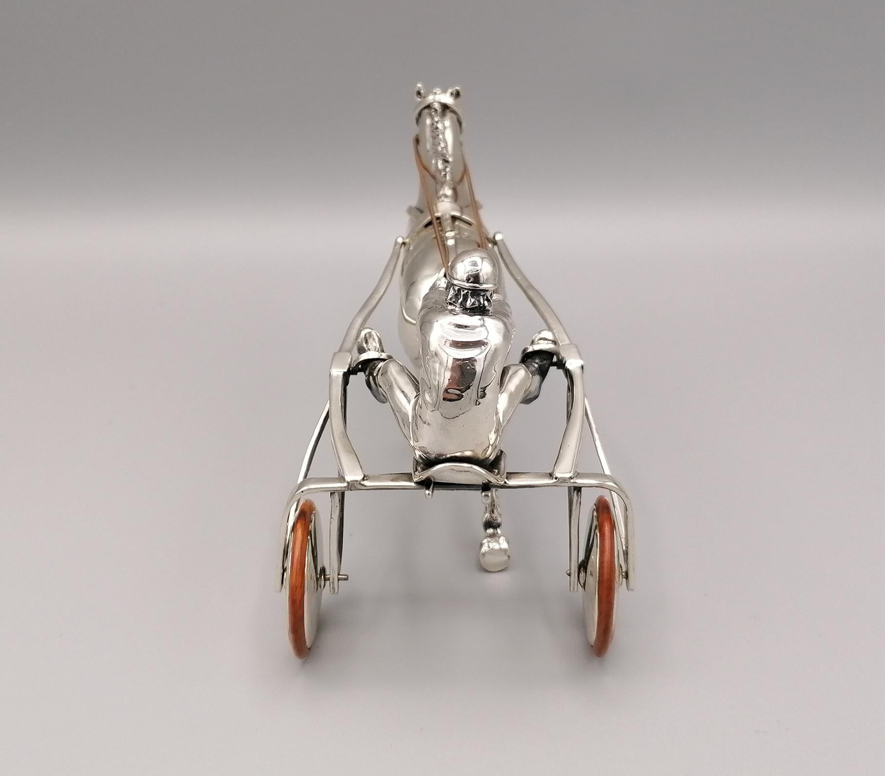 20th Century Italian Sterling Silver Sulky with Horse and Driver In Excellent Condition For Sale In VALENZA, IT