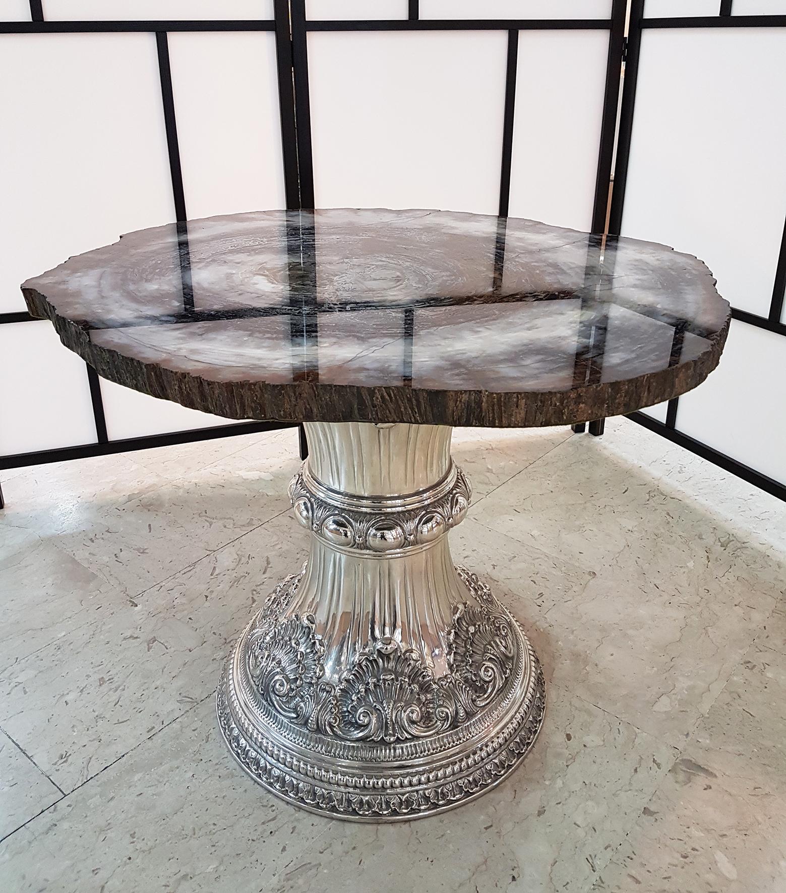 Baroque 20th Century Italian Sterling Silver Table with Silver Vase and Matching Dish For Sale