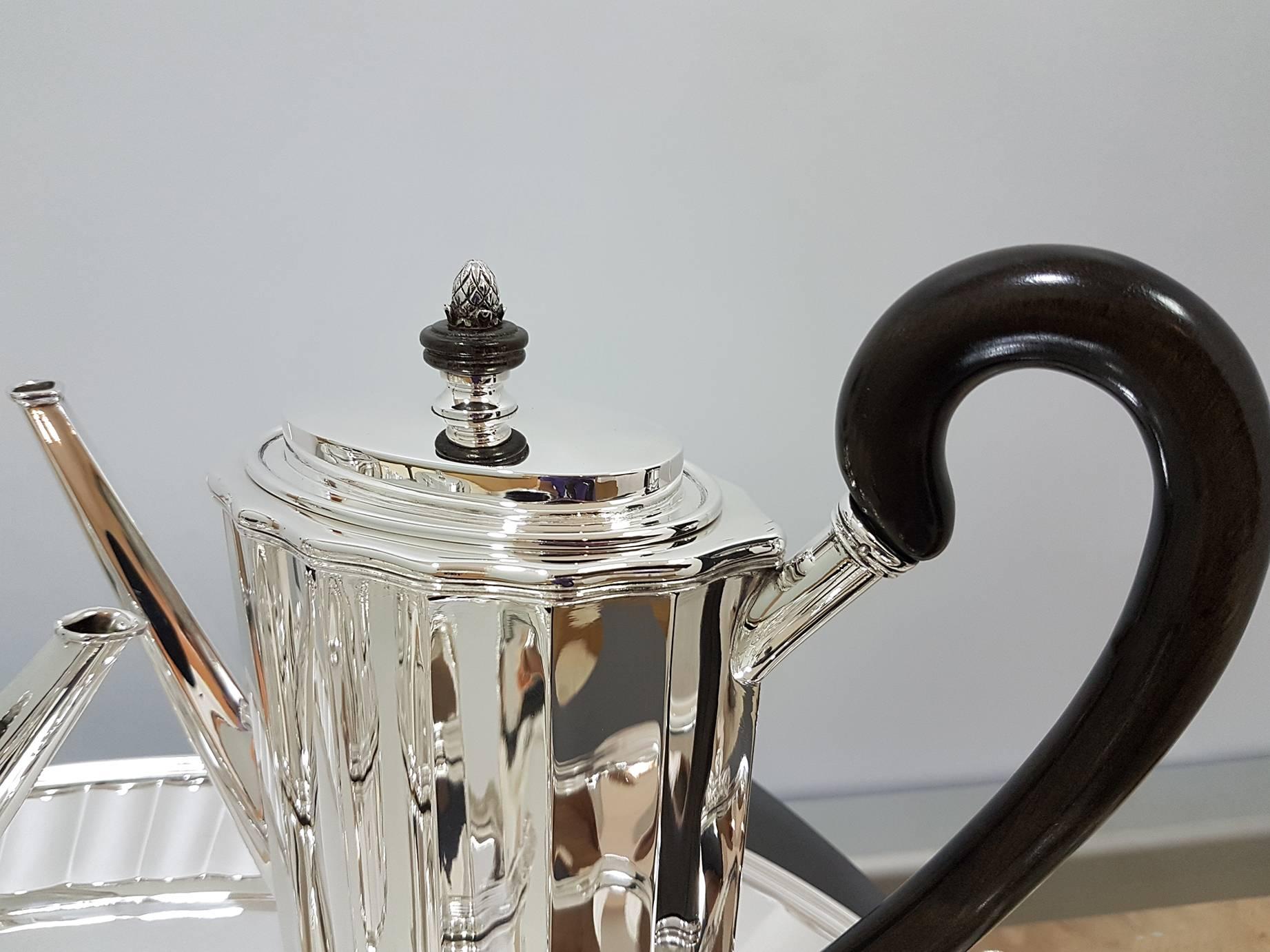 Victorian 20th Century Italian Sterling Silver Tea Coffee Set Plus Tray Woodden Handles