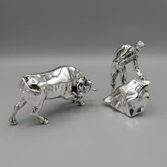 20th Century Italian Sterling Siver Bull and Bullfighter Sculpture
