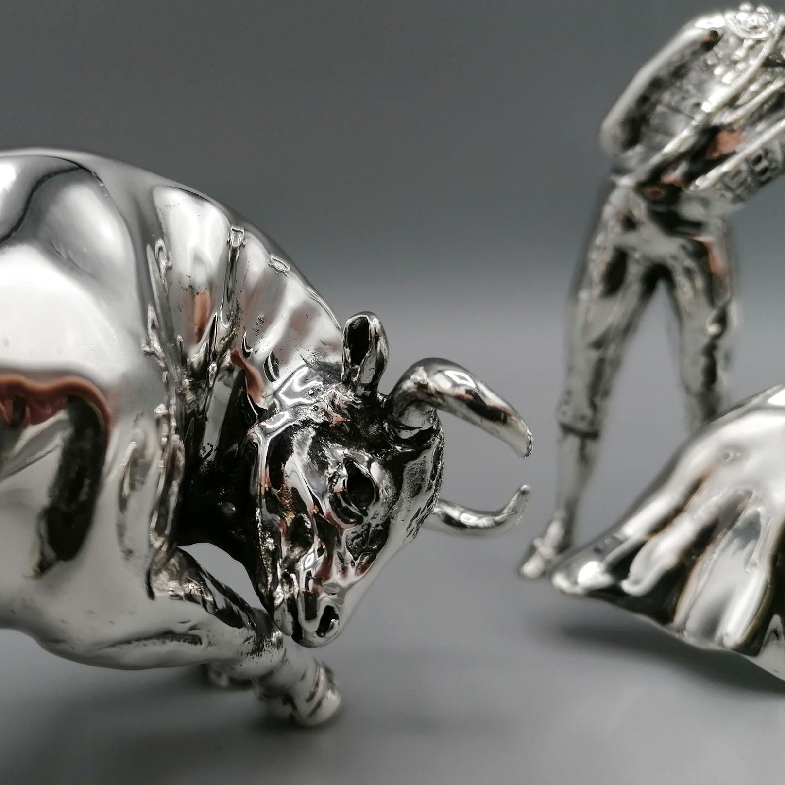 Cast 20th Century Italian Sterling Siver Bull and Bullfighter Sculpture For Sale