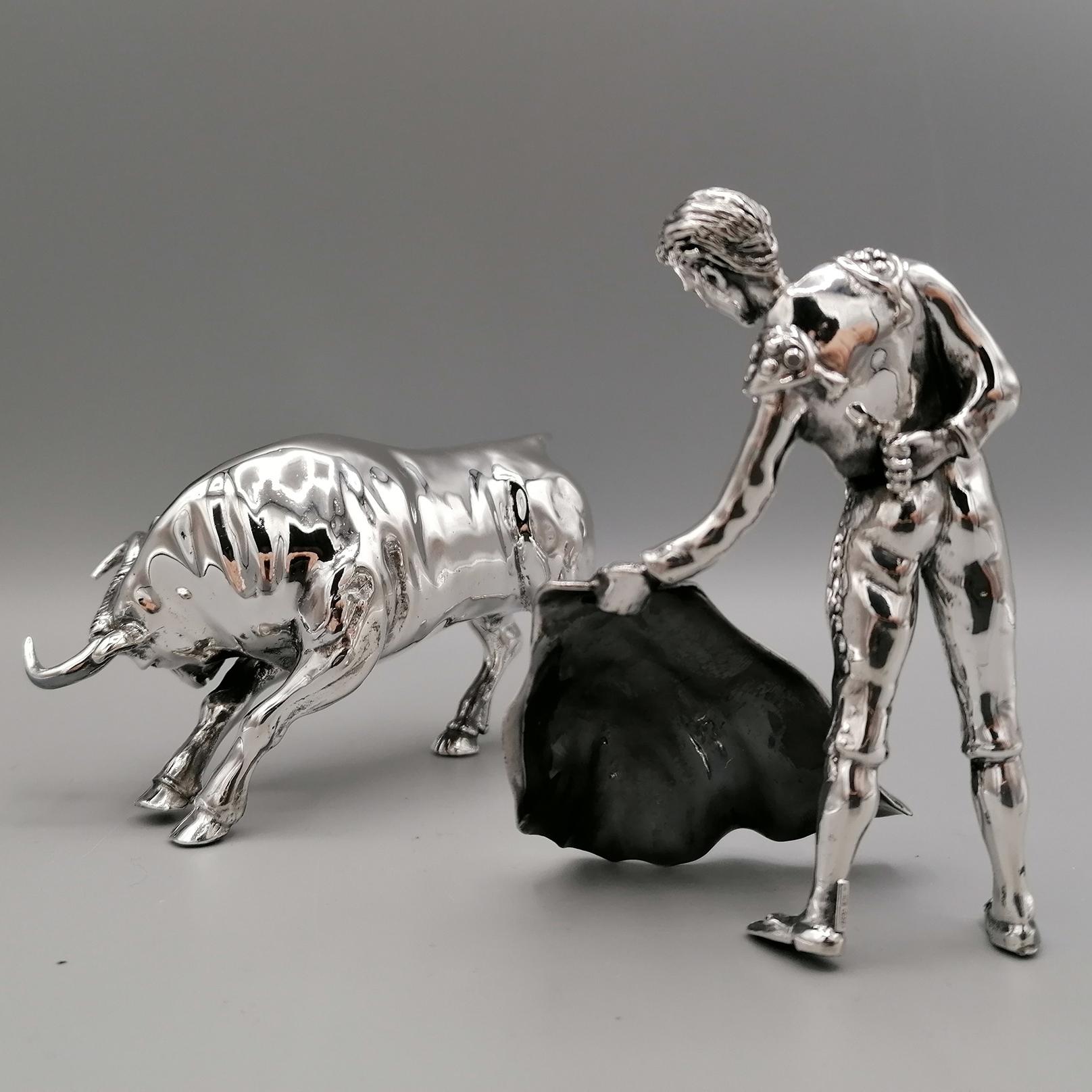 Late 20th Century 20th Century Italian Sterling Siver Bull and Bullfighter Sculpture For Sale