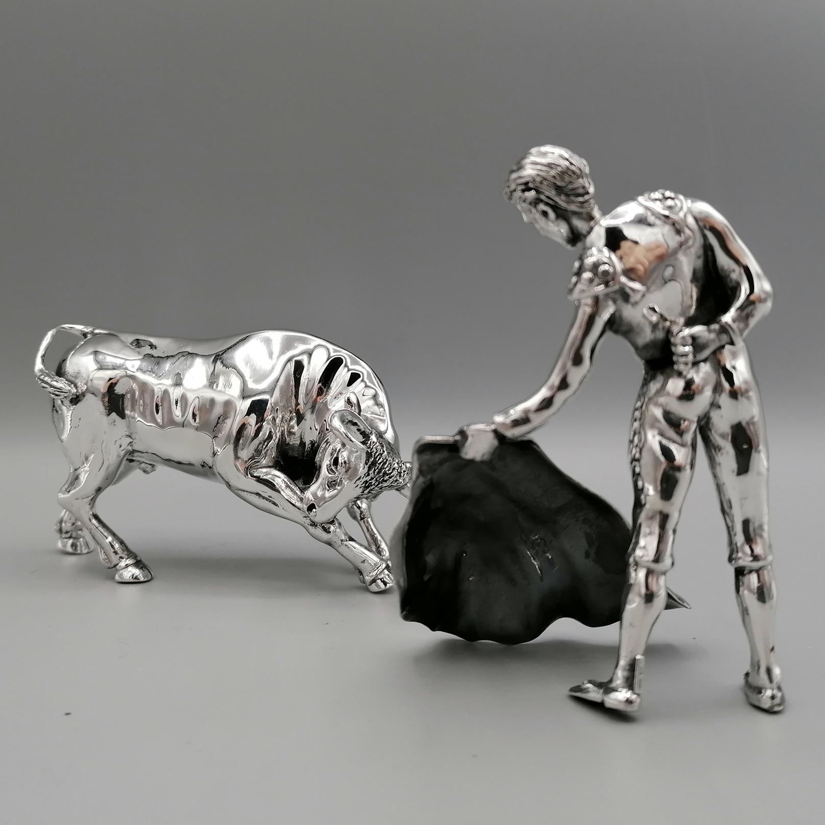 Sterling Silver 20th Century Italian Sterling Siver Bull and Bullfighter Sculpture For Sale