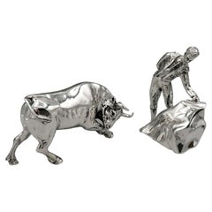 20th Century Italian Sterling Siver Bull and Bullfighter Sculpture