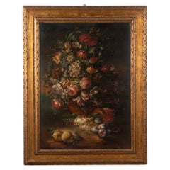 20th Century Italian Still Life of Flowers and Fruit, Oil on Canvas Painting by