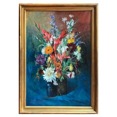 20th Century Italian Still Life of Flowers Blue Background by Umberto Montini