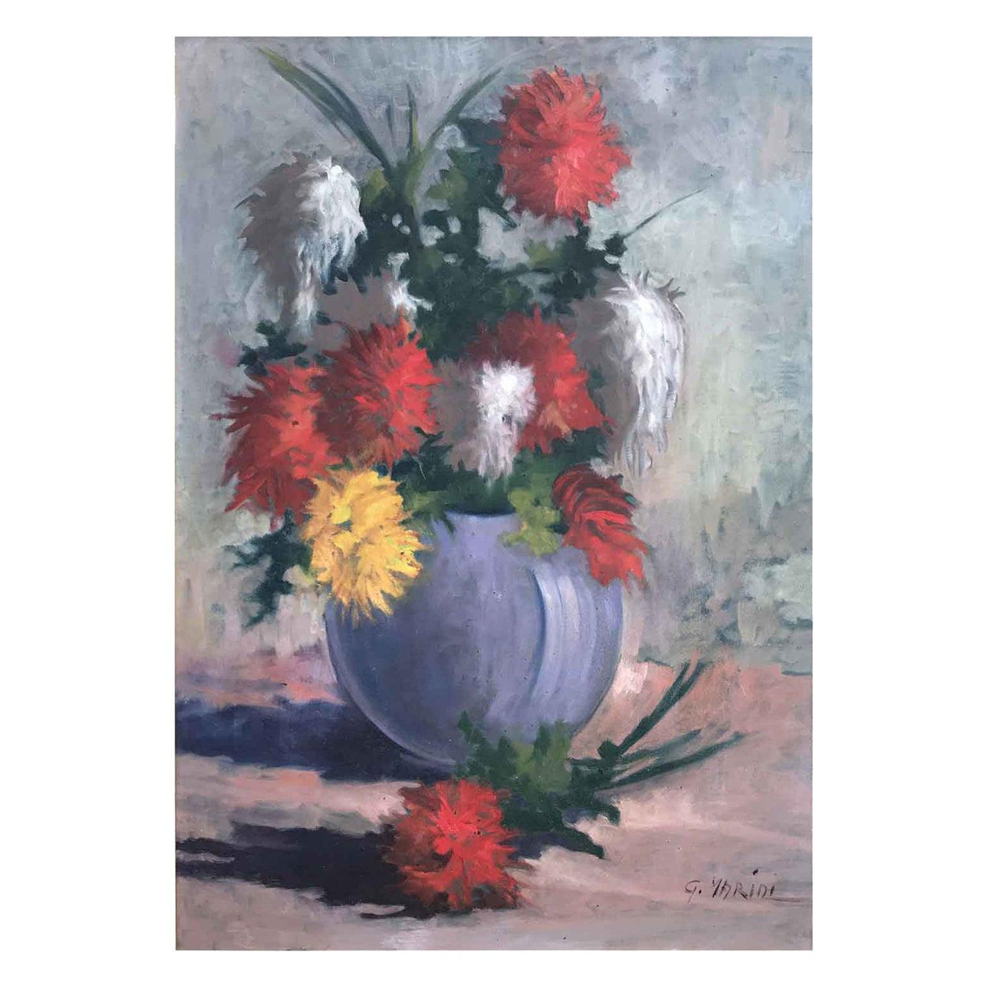 20th Century Italian Still Life of Flowers in Blue Vase by Marini Giovanni For Sale