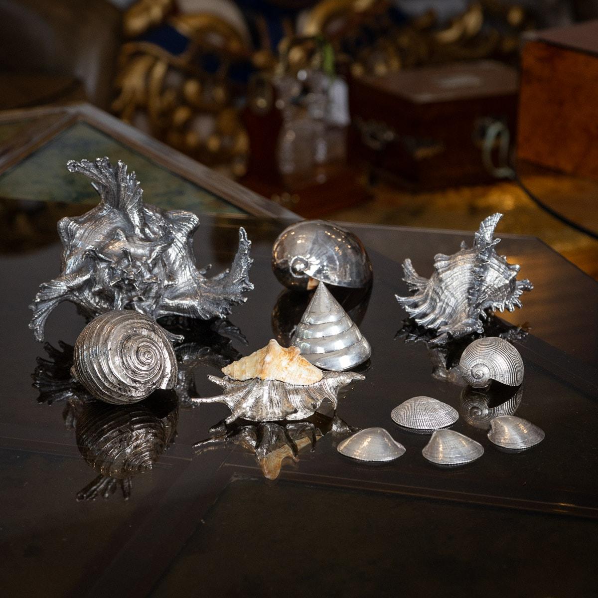 Stunning mid 20th Century Italian solid silver set of 11 shells of varying size and forms, all fully mounted in silver, realistically modelled with textured and detailed features. Some hallmarked 925 (all tested 925 silver standard), 8 signed Mario