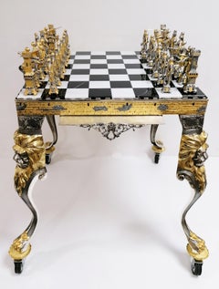 21th Century Italian Table, Chess Board, Chess Game Gold /Silver plated brass
