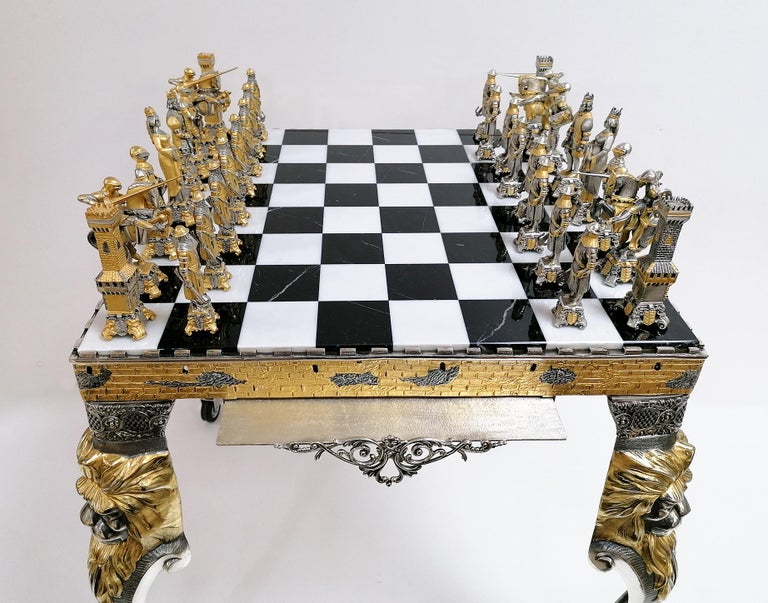 Medieval 20th Century Italian Table, Chess Board with Chess Game For Sale