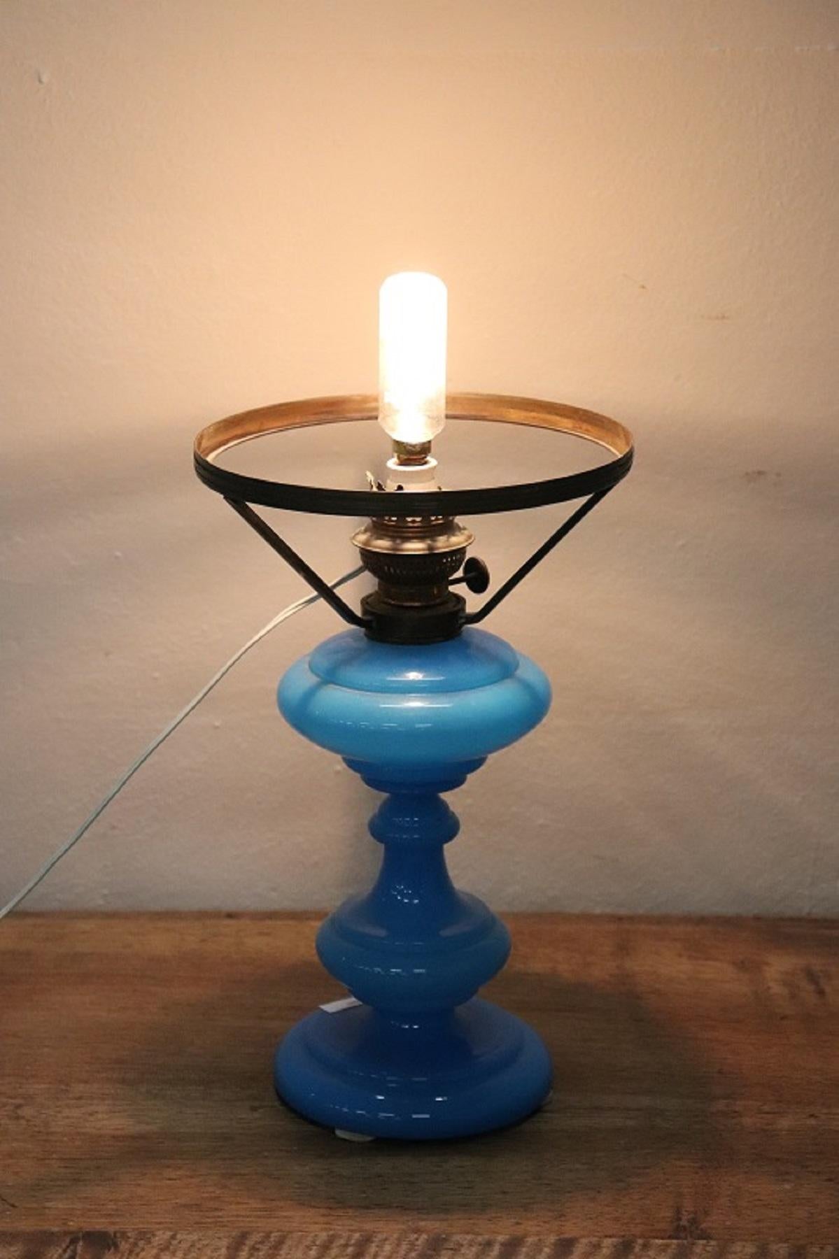 Refined artistic opal glass table lamp in blue color, Italy production, circa 1980s.