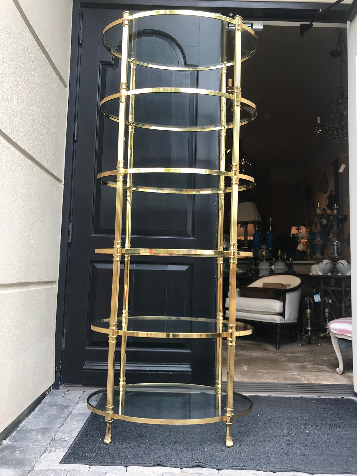 Glass 20th Century Italian Tall Brass Oval Étagère, in the Style of Baguès