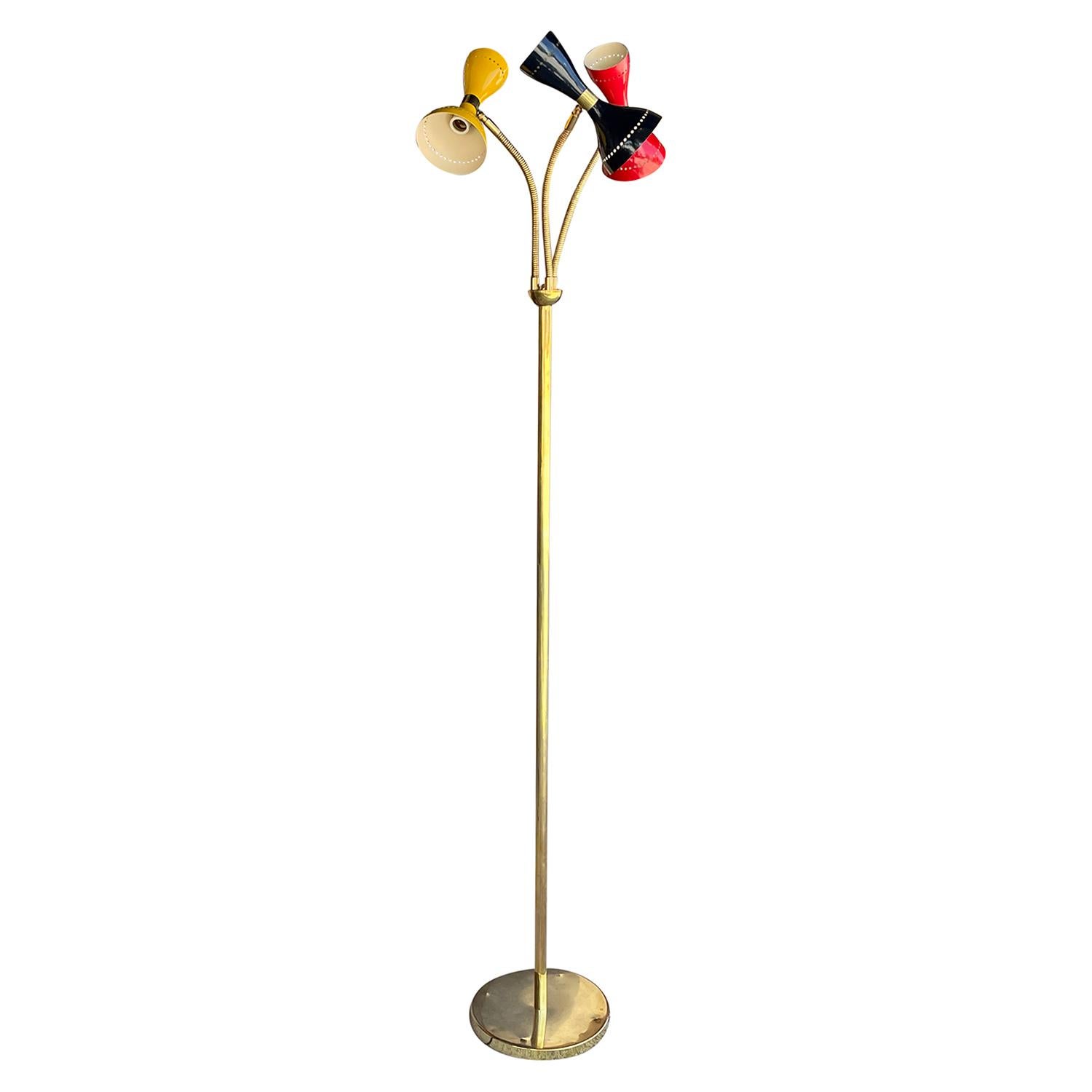Mid-Century Modern 20th Century Italian Tall Colorful Metal, Brass Floor Lamp by Stilnovo