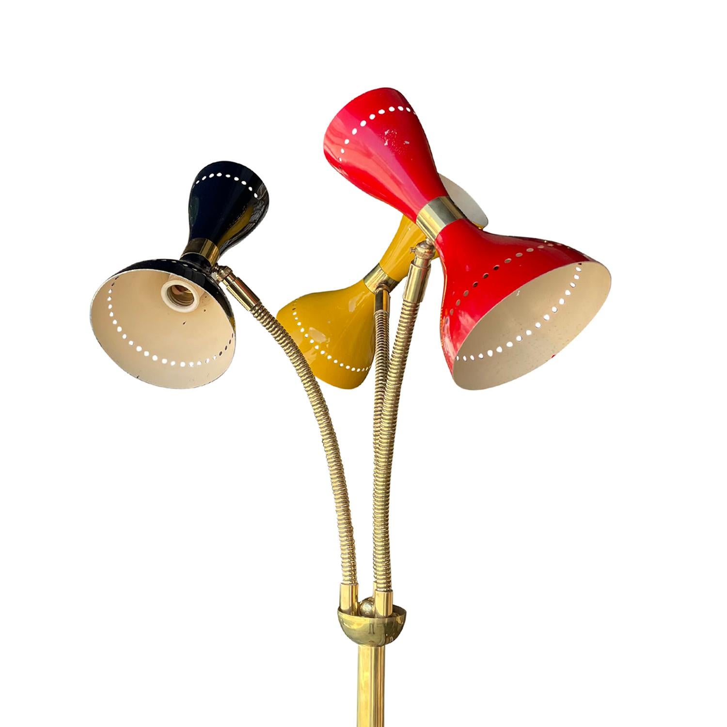 20th Century Italian Tall Colorful Metal, Brass Floor Lamp by Stilnovo In Good Condition In West Palm Beach, FL