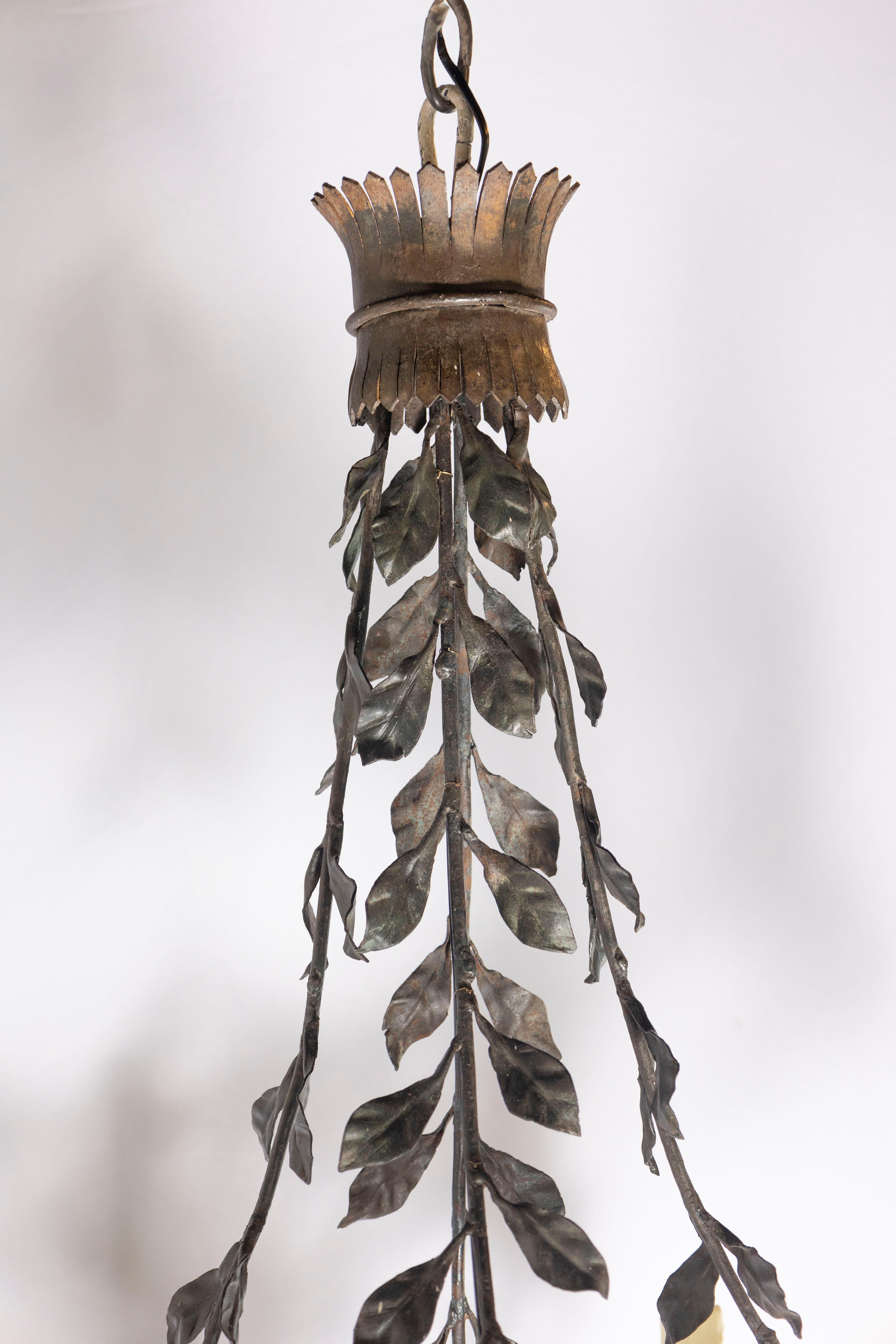 Sheet Metal 20th Century Italian Tole Floral Chandelier with Painted Leaves and Gilt Accents For Sale
