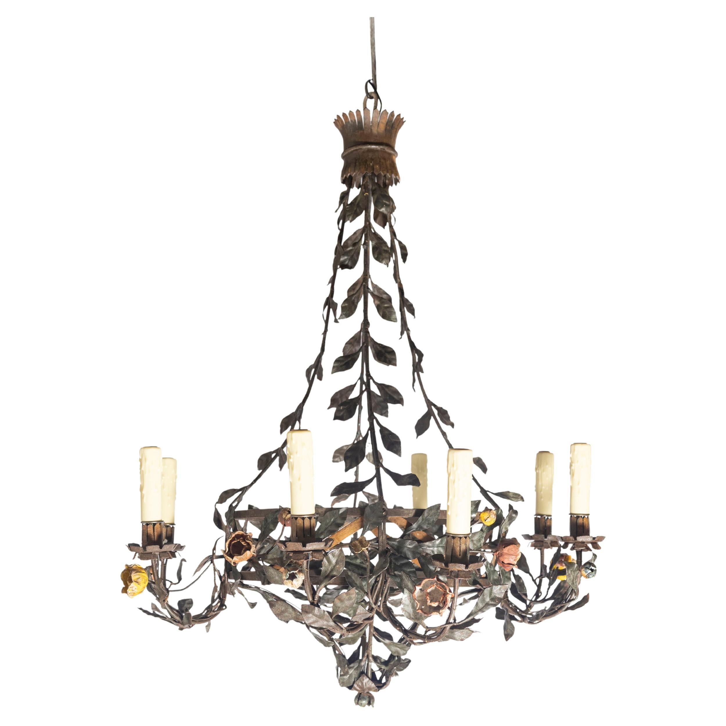 20th Century Italian Tole Floral Chandelier with Painted Leaves and Gilt Accents For Sale