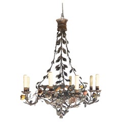 20th Century Italian Tole Floral Chandelier with Painted Leaves and Gilt Accents