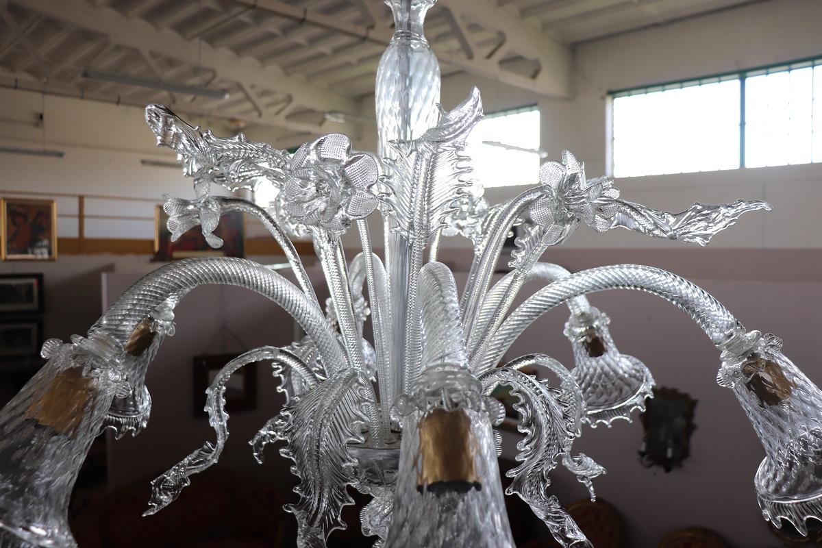 Lampadario in vetro di Murano trasparente del XX secolo con 7 lampadine in vendita 9