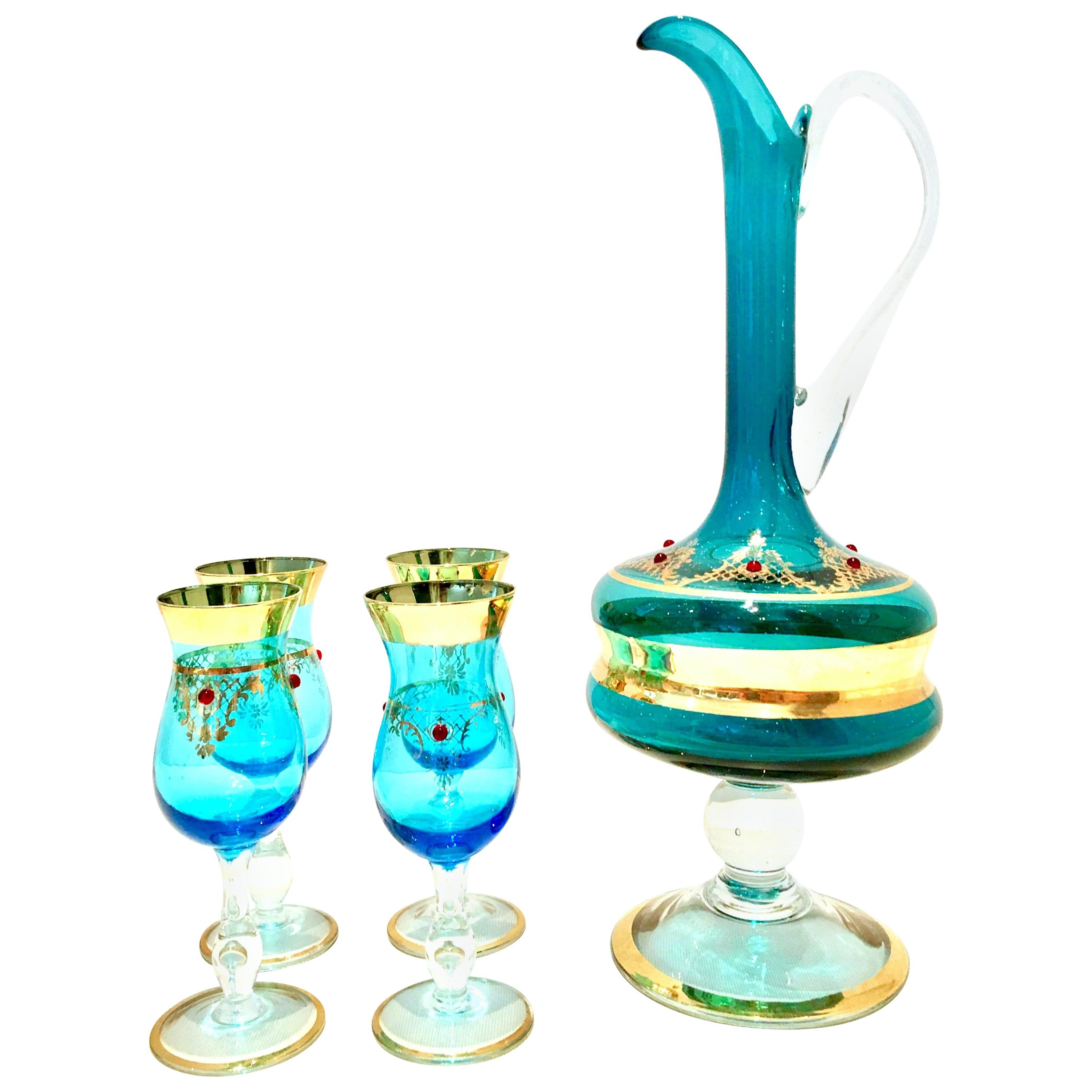 20th Century Italian Venetian Glass and 22-Karat Gold Drinks Set of 5 For Sale