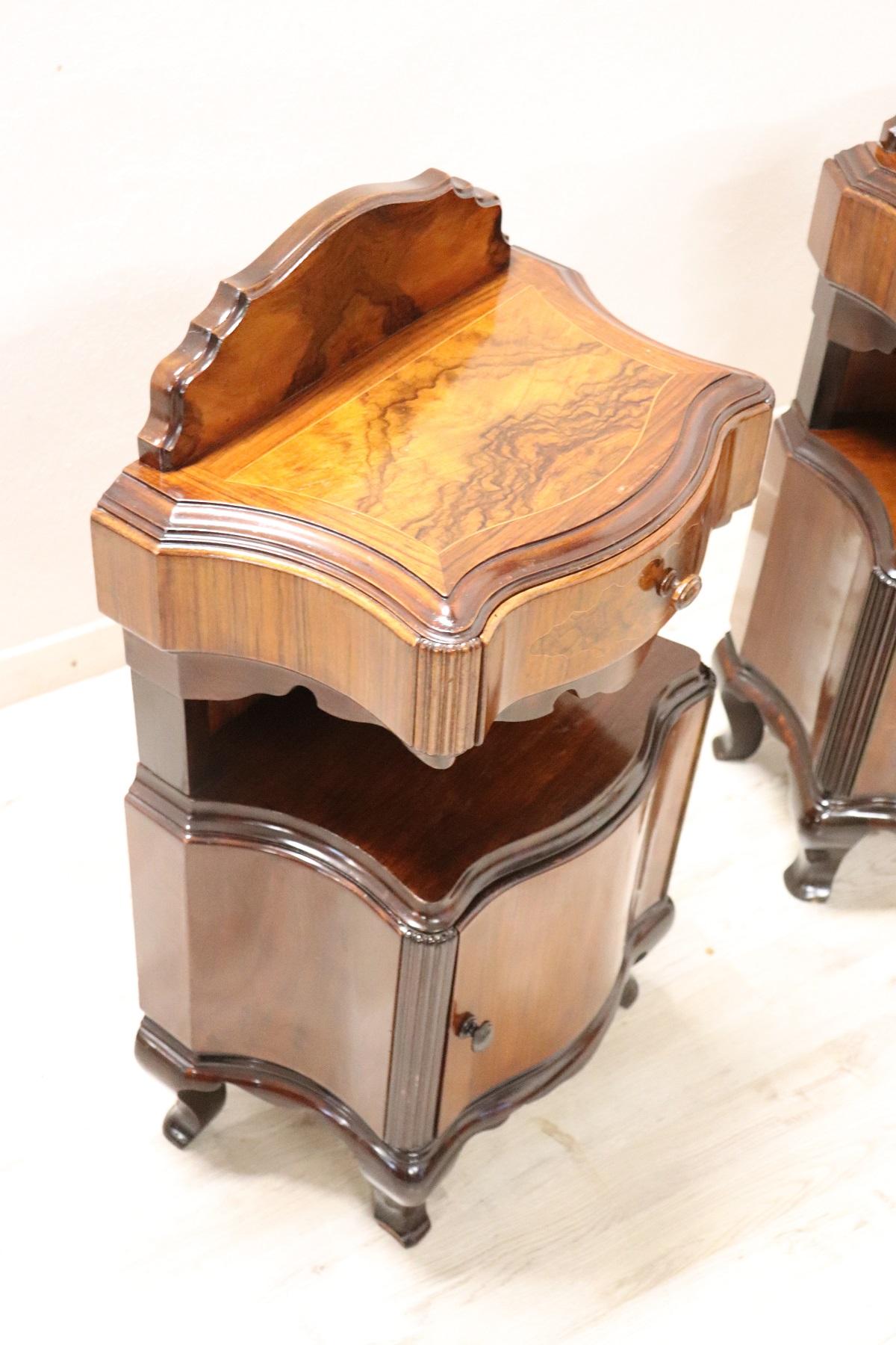 Delicious Italian Art Deco Venetian Louis XV style pair of nightstands 1930s. Made of fine walnut burl with refined inlaid decoration. Large useful space with a comfortable drawer. Perfect condition ready to be used in your beautiful home.