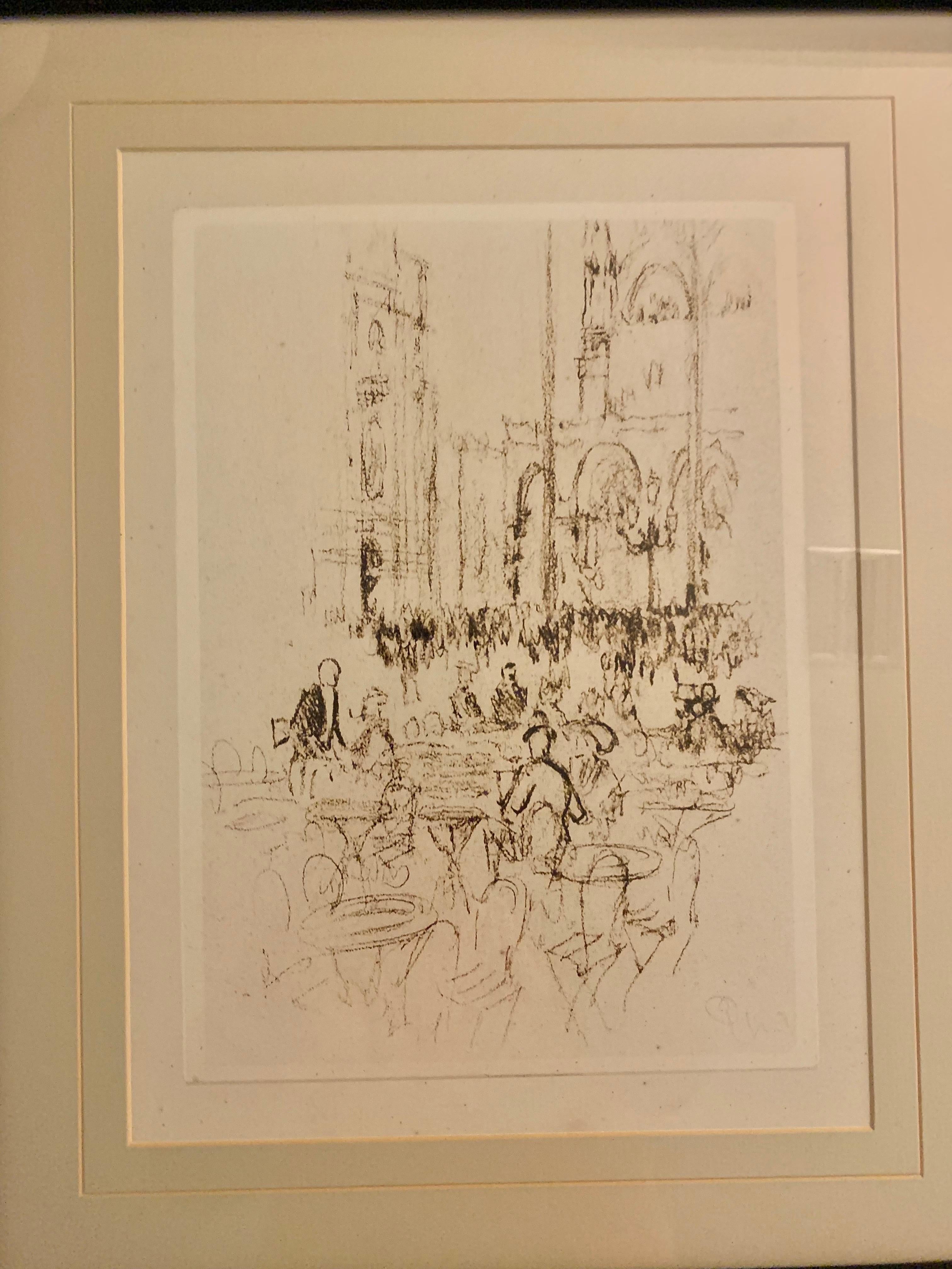 Disegno a carboncino di un caffè all'aperto di Venezia del XX secolo In condizioni buone a Burton, TX