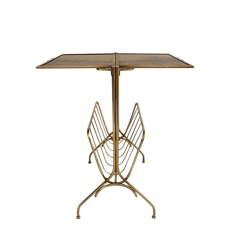 20th Century Italian Vintage Brass Folding Side Table, Magazine Holder For Sale at 1stDibs