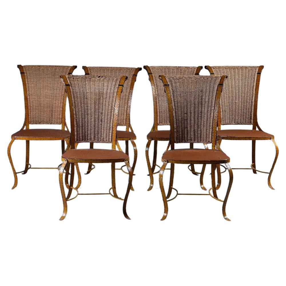 20th Century Italian Vintage Hand Made Metal Faux Leather Chairs with Rope Backs For Sale