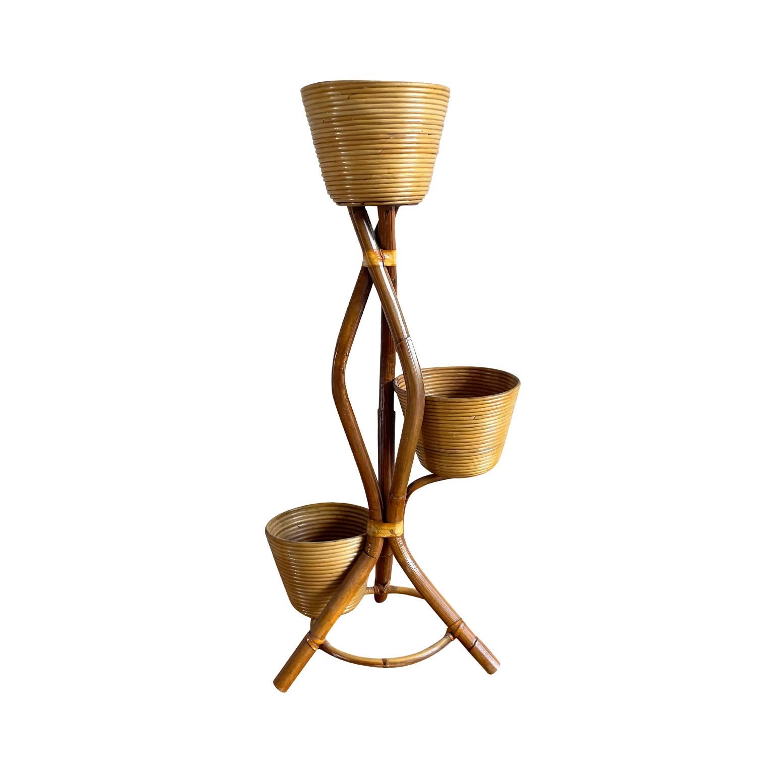 Mid-Century Modern 20th Century Italian Vintage Rattan Plant Stand in the style of Gio Ponti For Sale