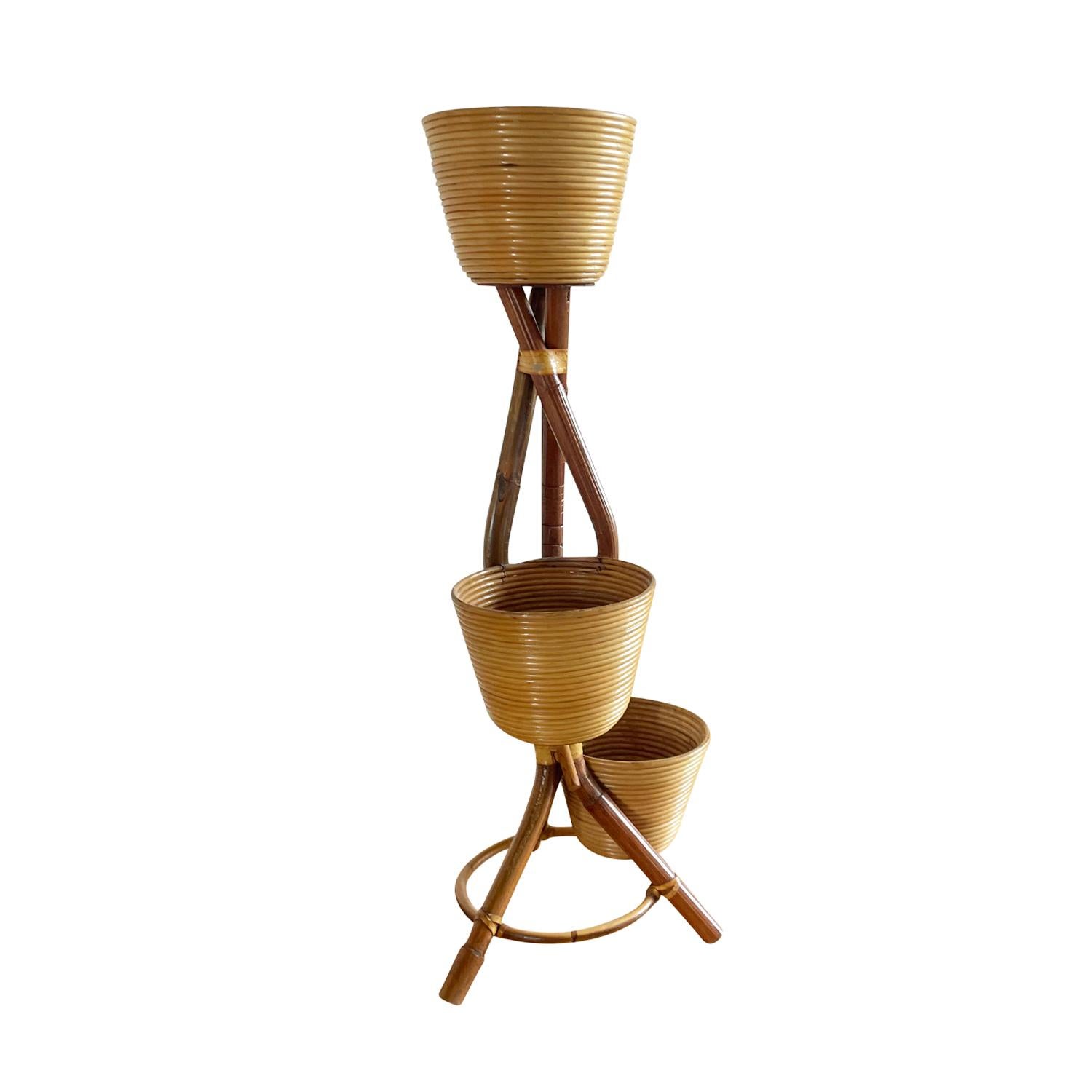 Hand-Crafted 20th Century Italian Vintage Rattan Plant Stand in the style of Gio Ponti For Sale